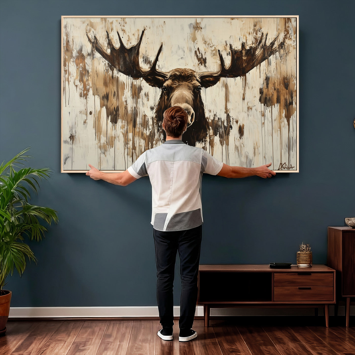 34496536-MGV-CV-36X24 - Powerful Moose Portrait Wall Art – Rich Earthy Tones, Expressive Brushstrokes, Striking Gaze, Raw Nature Vibes Decor for Home or Office