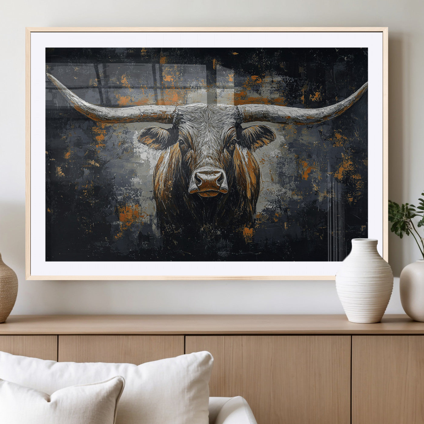 Rustic Longhorn Bull Wall Art Canvas Print – Vintage Western Cattle Painting, Texas Steer Artwork for Ranch, Farmhouse or Cowboy Decor