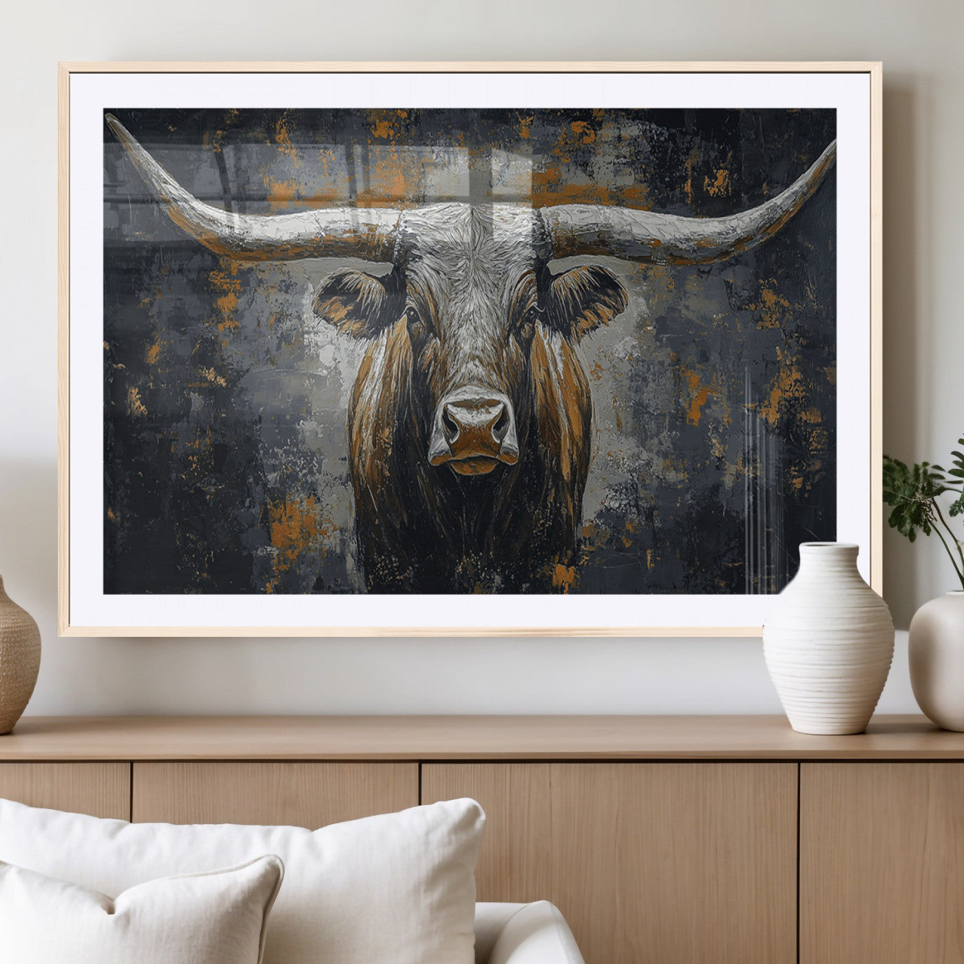 73972561-MGV-CV-36X24 - Bold Bull Wall Art Canvas – Striking Portrait with Wide Horns and Rich Brown Hues, Rustic Farmhouse and Western Decor for Home Room