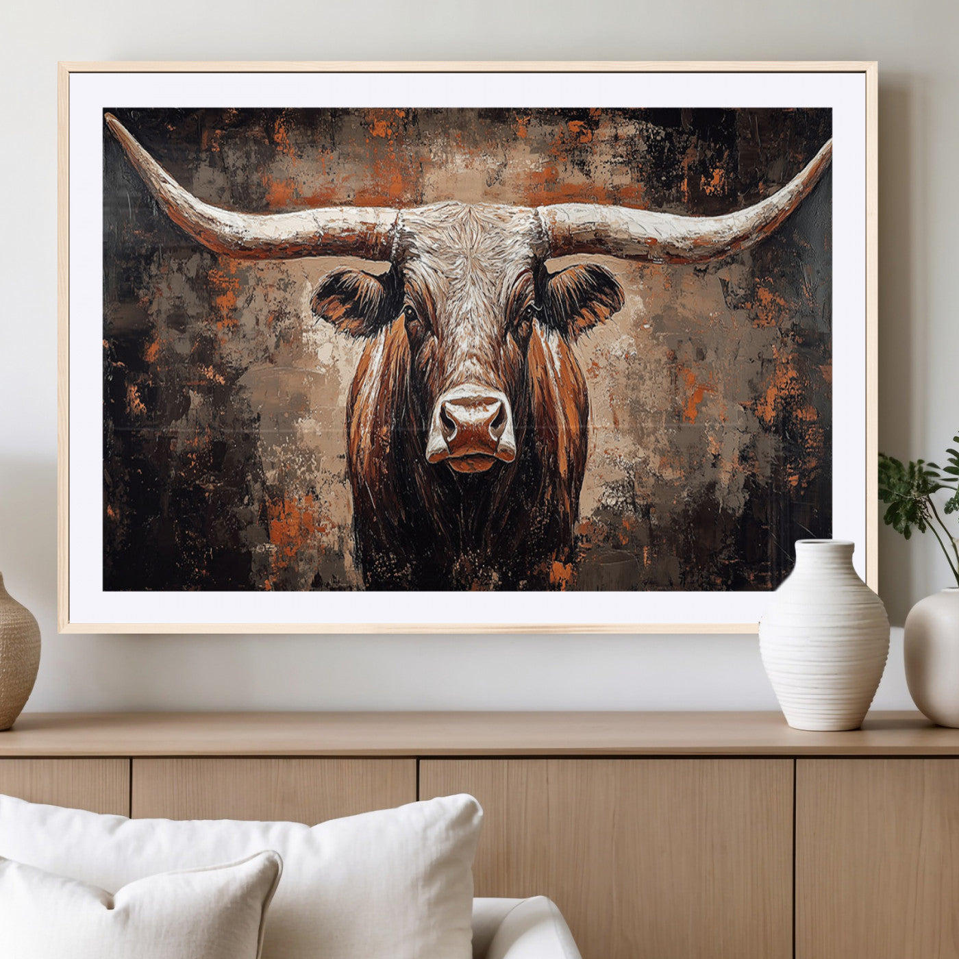 42732393-MGC-FP-40x30_Natural-Rustic Longhorn Bull Wall Art Canvas Print – Vintage Western Cattle Painting, Texas Steer Artwork for Ranch, Farmhouse or Cowboy Decor