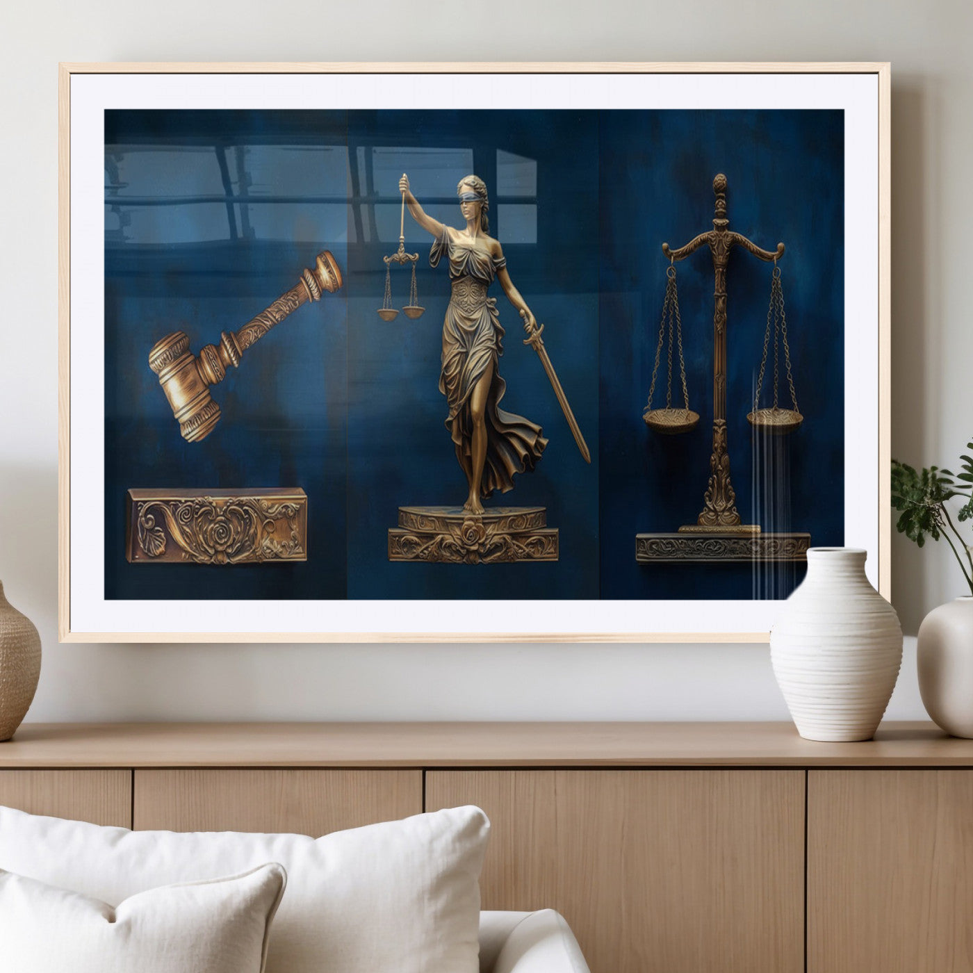 MGC-FP-36x24 - Lady Justice Wall Art Canvas Print – Elegant Gold Legal Symbols on Blue Background, Perfect for Law