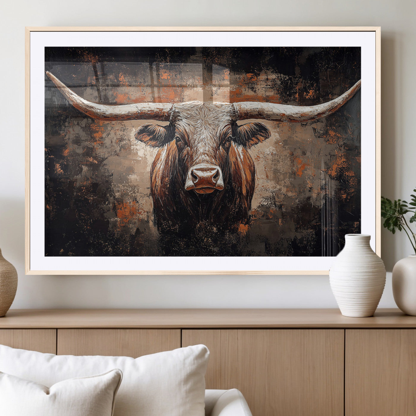 MGC-FP-36x24 - Rustic Longhorn Bull Wall Art Canvas Print – Vintage Western Cattle Painting, Texas Steer Artwork Print