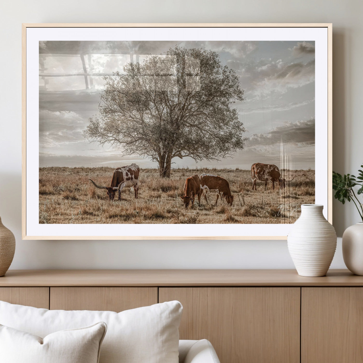 Texas Longhorn Cattle Wall Art Canvas Print – Rustic Western Ranch Scene with Steers at Sunset, Perfect for Farmhouse or Cowboy Decor