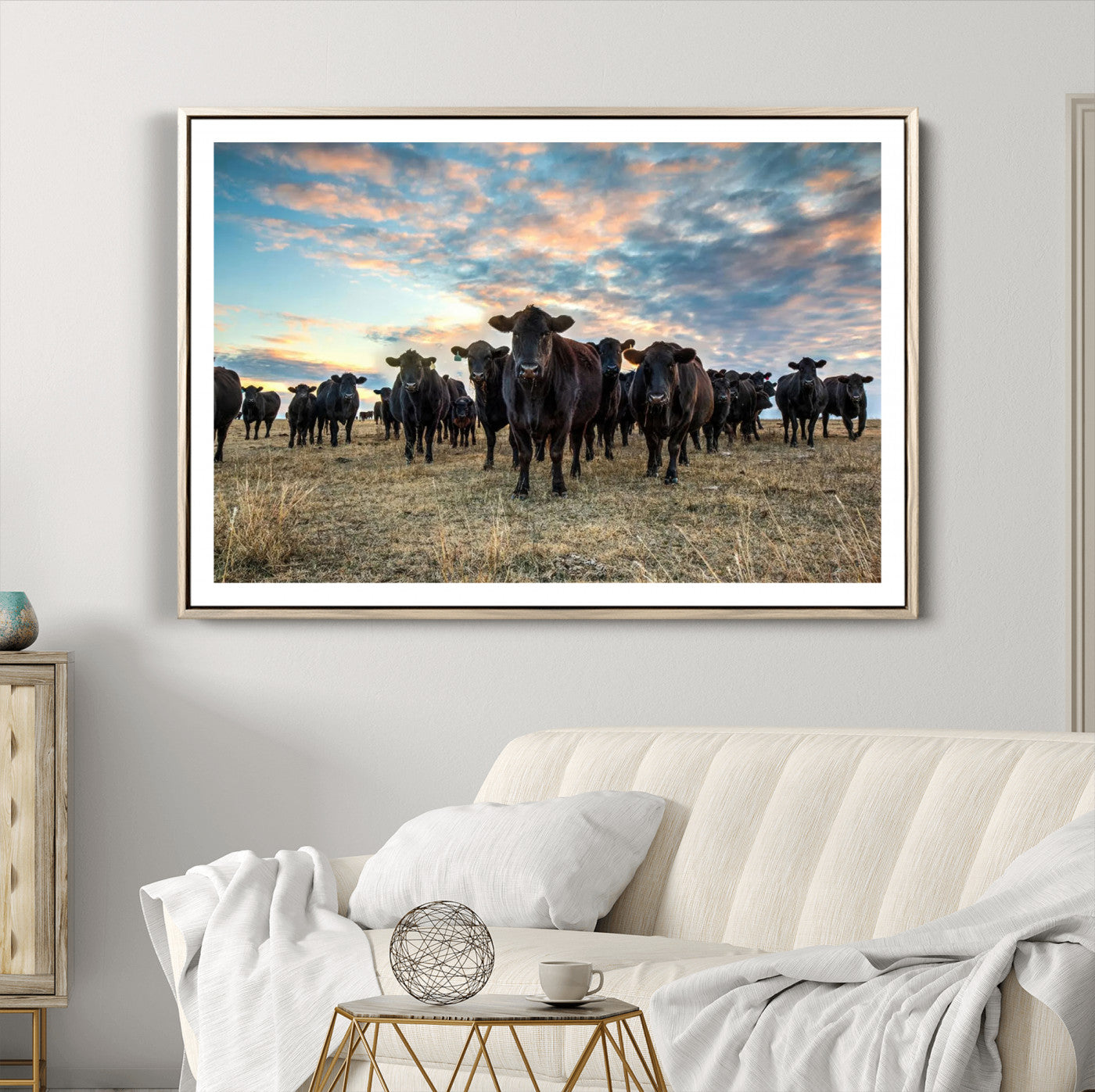 13867292-MGV-CV-36X24-Texas Longhorn Cattle Wall Art Canvas Print – Rustic Western Ranch Scene with Steers at Sunset, Perfect for Farmhouse or Cowboy Decor