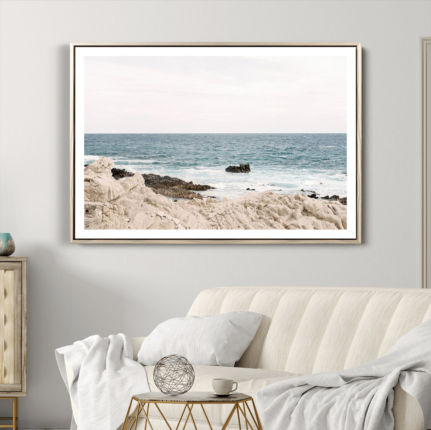 25481980-MGV-CV-36X24-Coastal Ocean View Wall Art Canvas Print – Serene Rocky Shoreline and Blue Sea Photography for Coastal Chic or Minimalist Home Decor