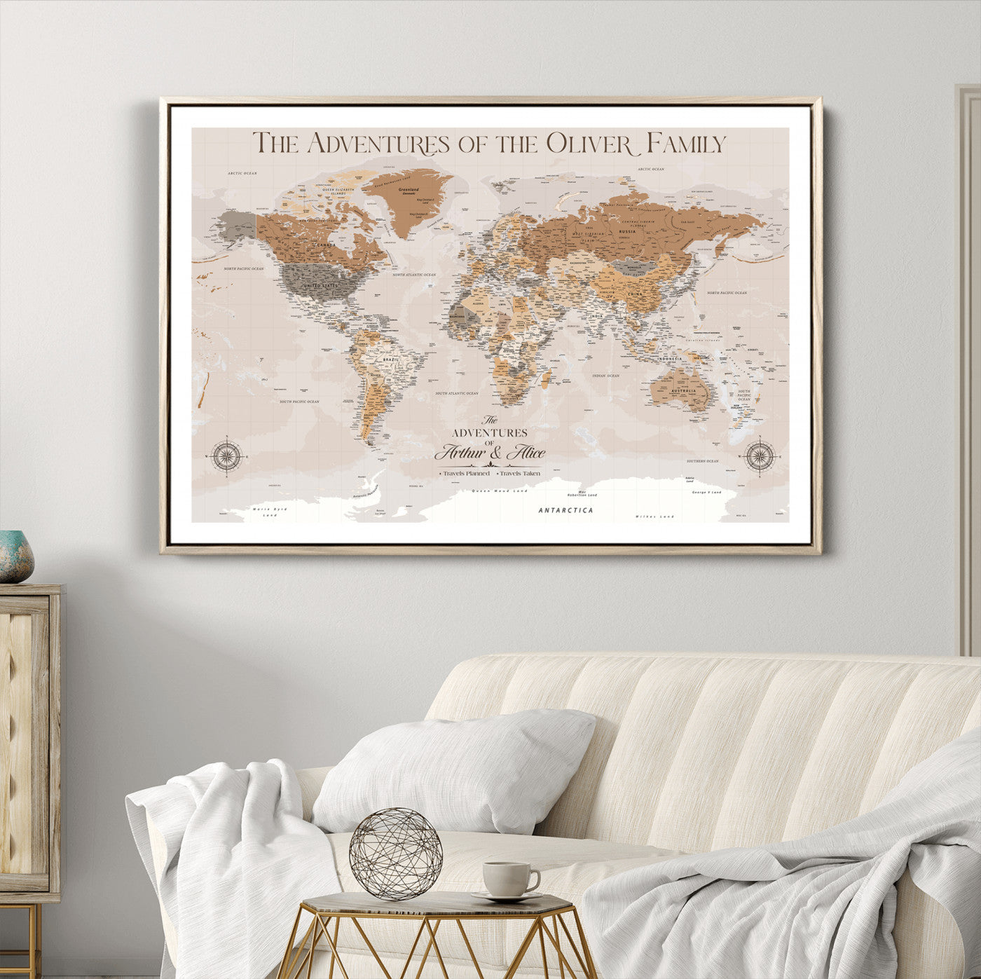 43101120-MGV-CV-36X24-World Travel Map with Pins – Push Pin Maps of Where I've Been, Framed Wall Map for Travel Memories, Old Style Decorative World Map - H10