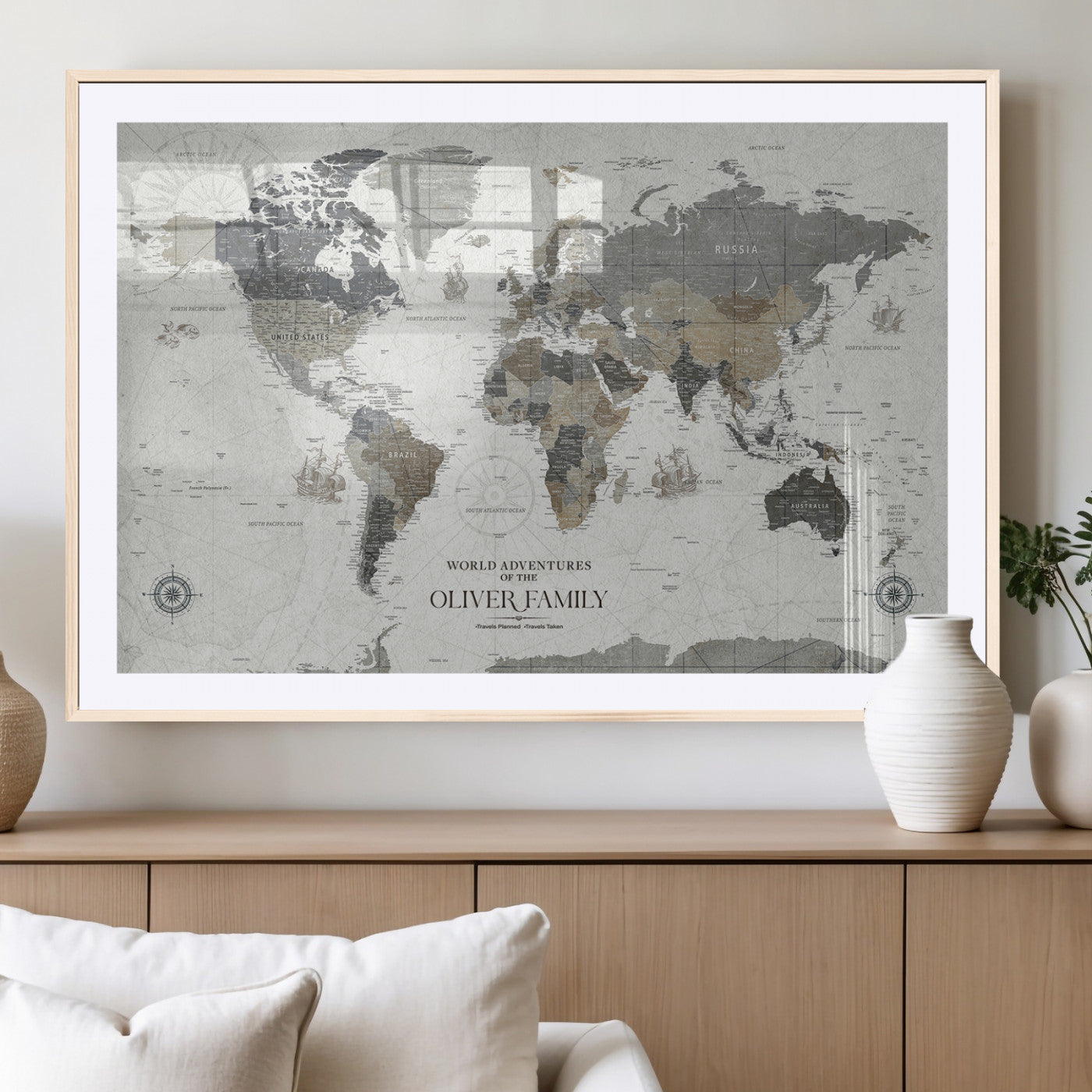 MGC-FP-36x24 - Custom Push Pin World Map Wall Canvas Print – Personalized Travel Tracker with Pins – Framed Large Multi-Size Canvas for Home Office Decor