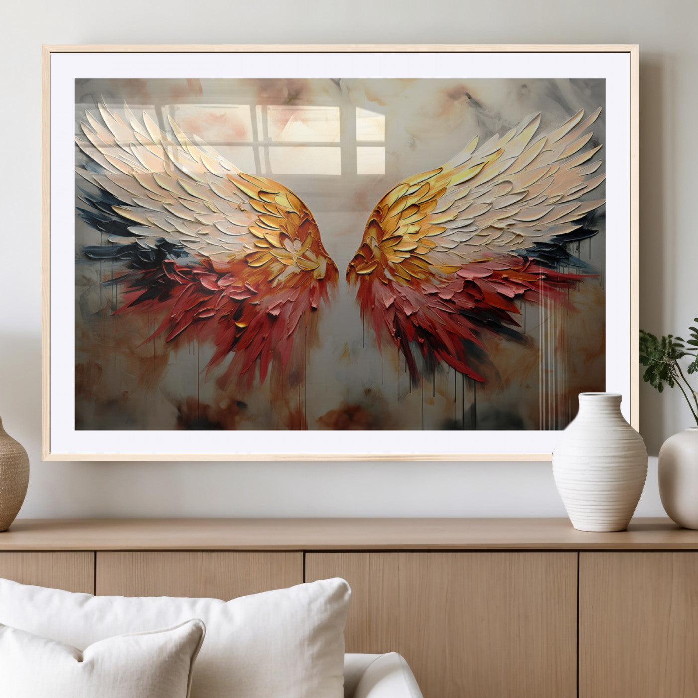 A stunning 3D-style painting of angel wings with vibrant gold, red, and black hues, creating a dramatic and striking visual effect.