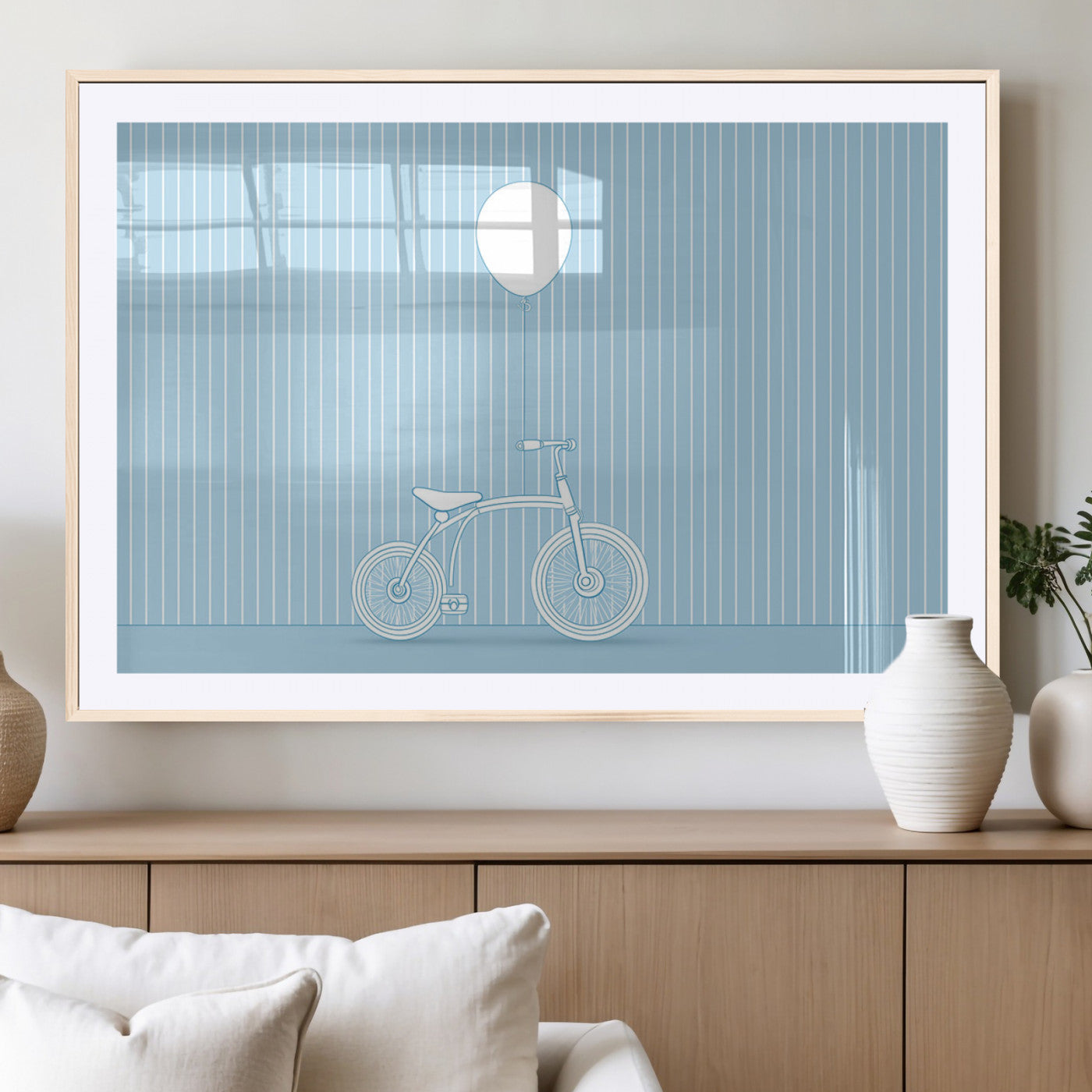 A minimalistic blue line drawing of a bicycle with a balloon floating above it, set against a soft striped background.