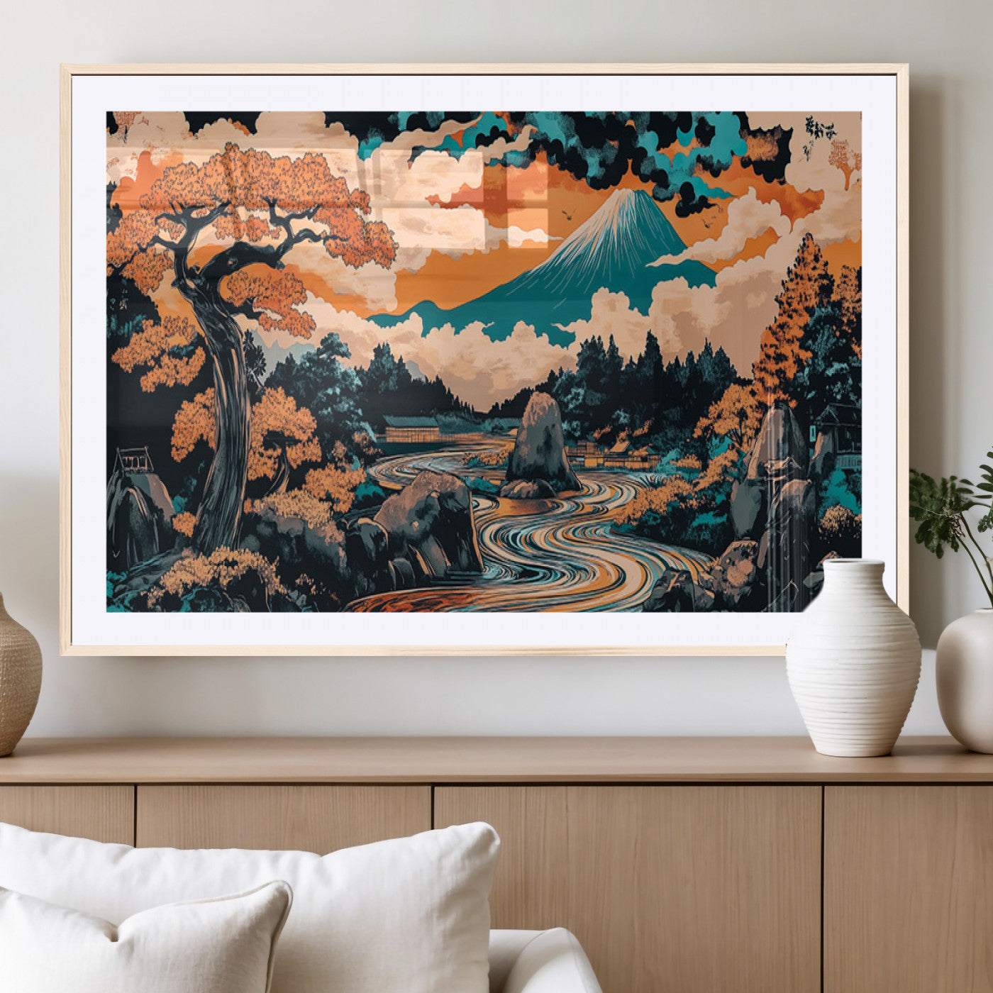 A vibrant Japanese-inspired landscape featuring Mount Fuji, a winding river, and autumn-colored trees under a dramatic sky, in bold and vivid hues.