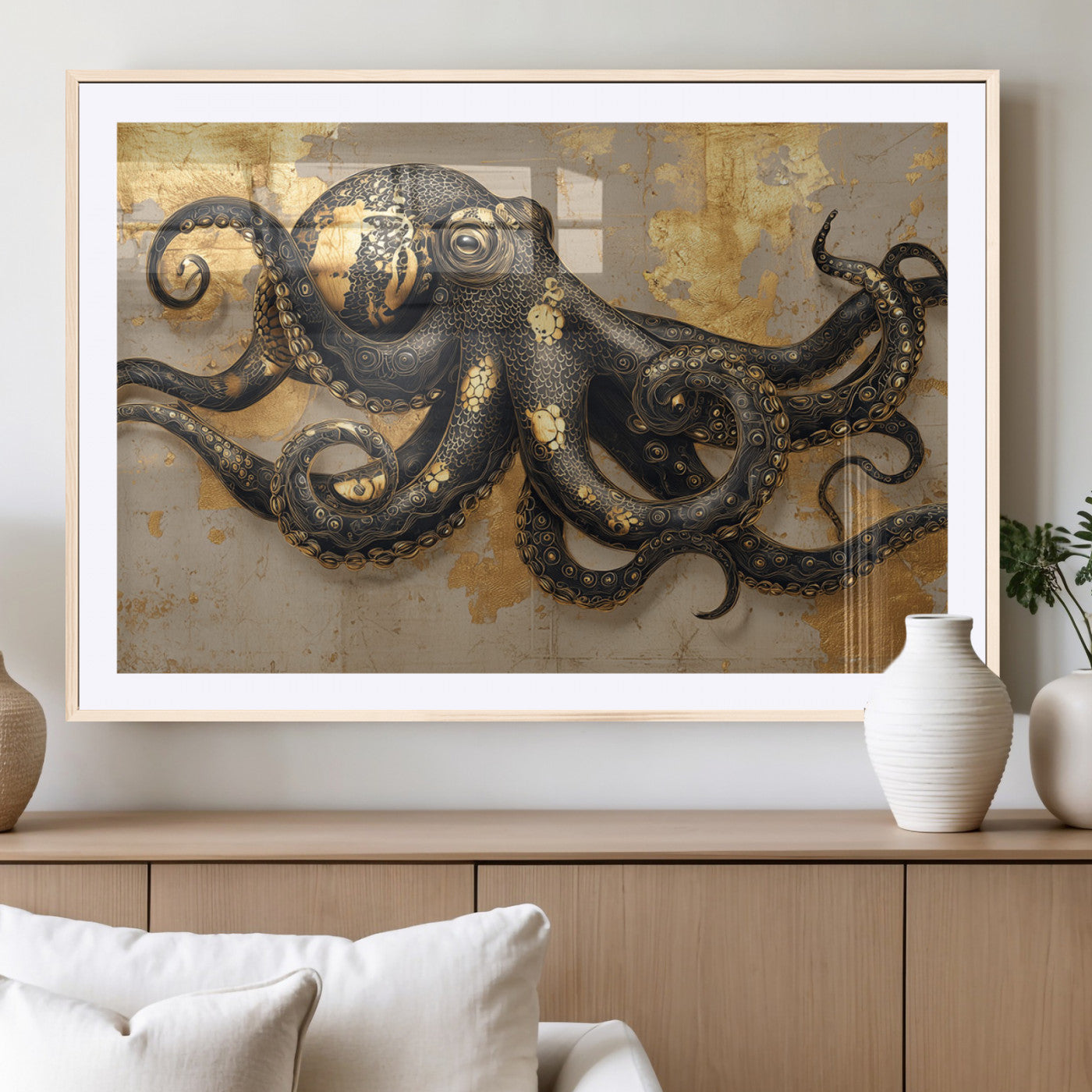 A stunning golden and black illustration of an octopus on a textured background with gold leaf accents, highlighting its intricate tentacles and unique design.