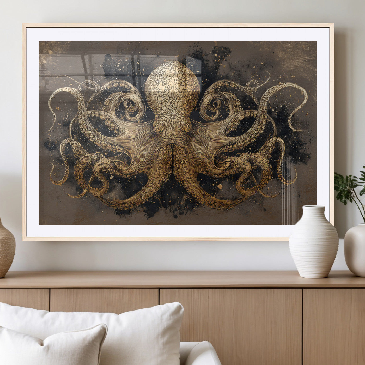 A beautifully detailed illustration of an octopus in gold ink on a textured dark background, with swirling tentacles and intricate patterns.
