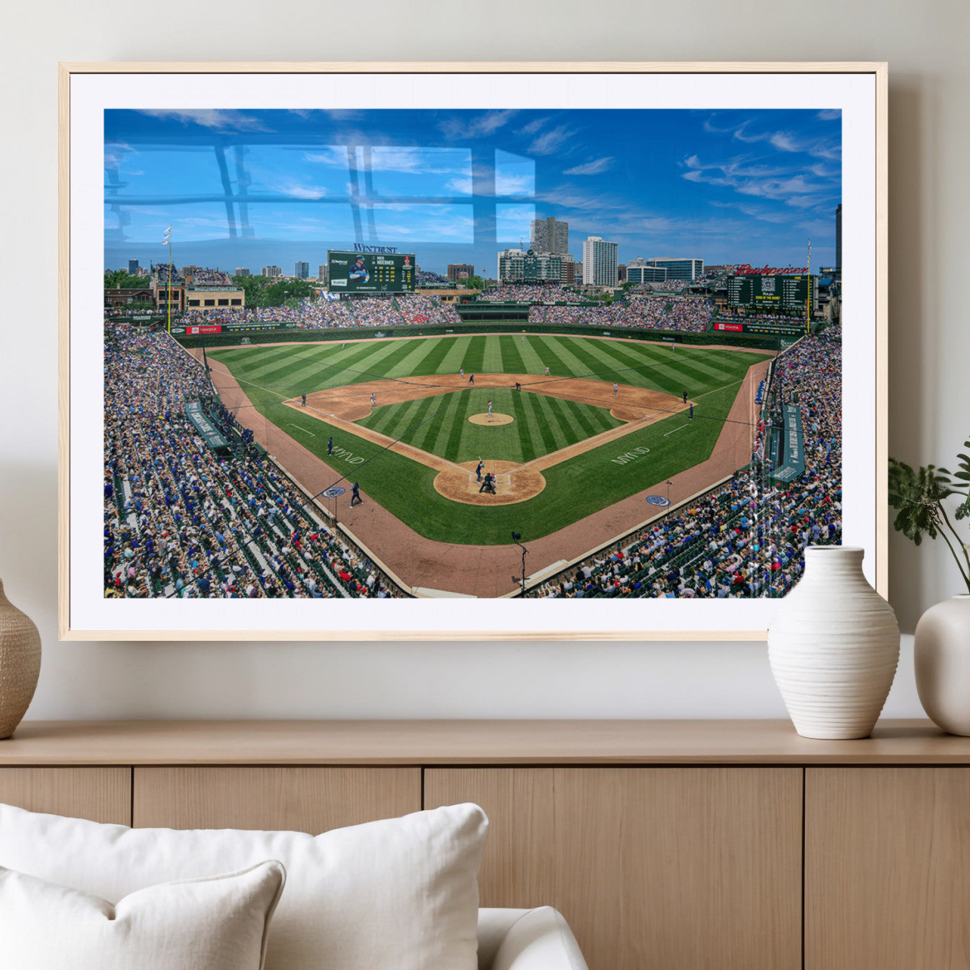 Wrigley Field Baseball Stadium Canvas Wall Art, Packed Crowd Sports Stadium Print, City Skyline Baseball Field Canvas for Game Room Decor