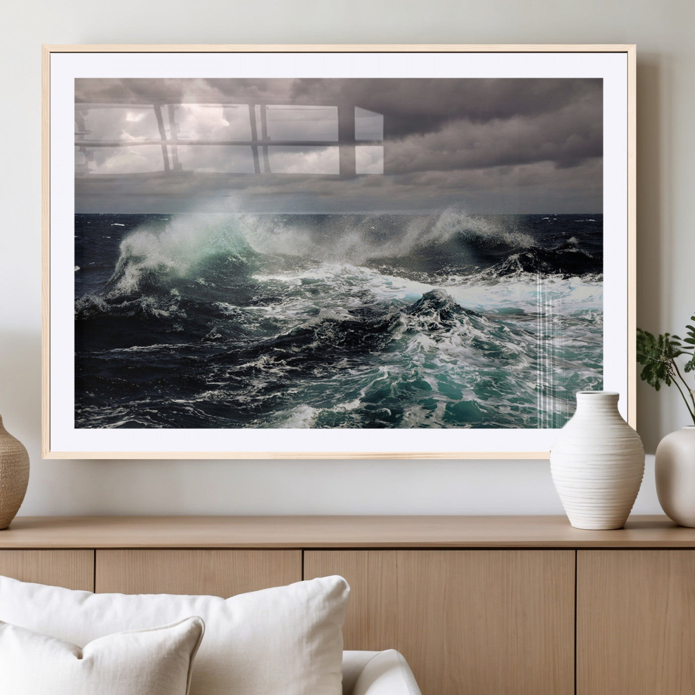 Powerful ocean waves crashing under stormy skies, creating a dynamic and intense seascape.
