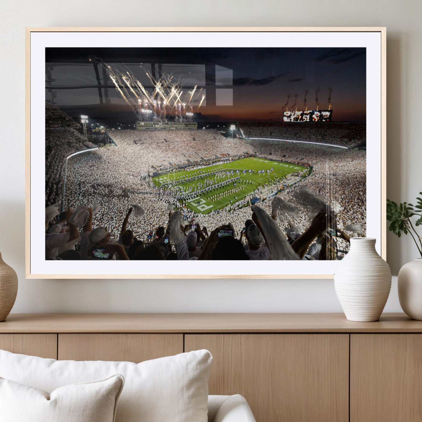 Penn State Stadium Wall Art Print, White Out Football Game Canvas Wall Art, Framed Sports Stadium, Large College Football Canvas Print for Game Room - Man Cave + 555