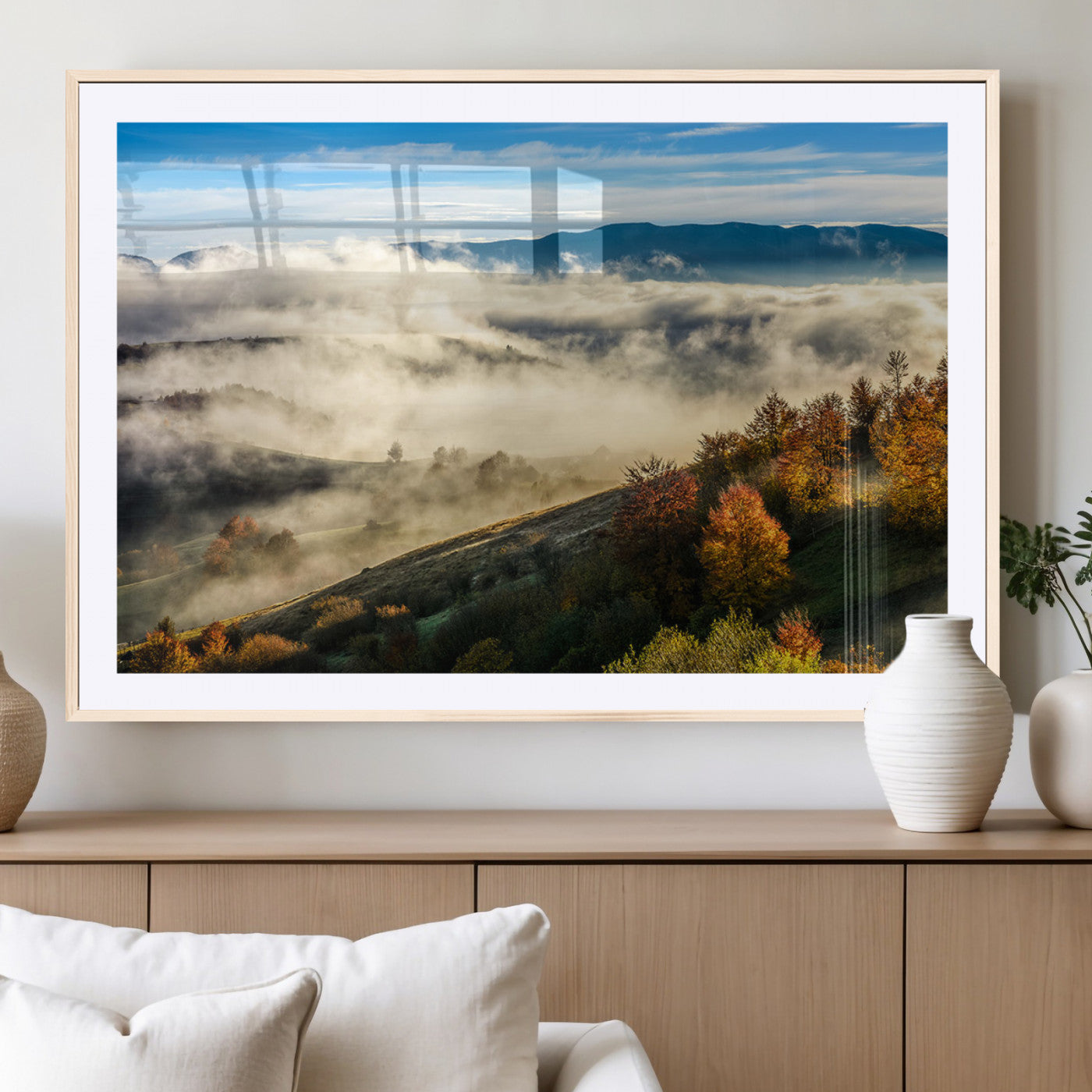 21551192-MGC-FP-40x30_Natural-Misty Autumn Hills Canvas Wall Art, Foggy Forest Landscape, Fall Foliage Beauty, Serene Mountain View, Cozy Home Decor, Office Tranquility, Nature Calm Print