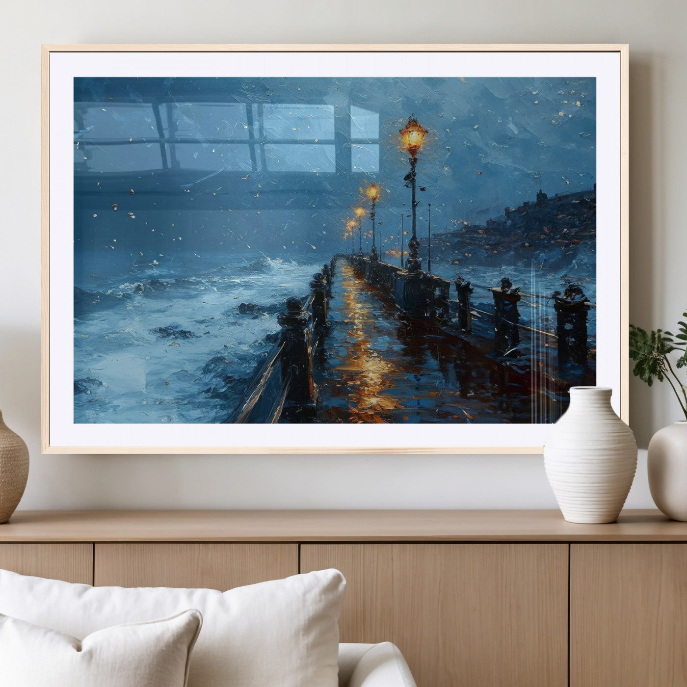 "Impressionistic painting of a stormy pier with street lamps glowing, waves crashing, and a misty ocean under a blue sky."