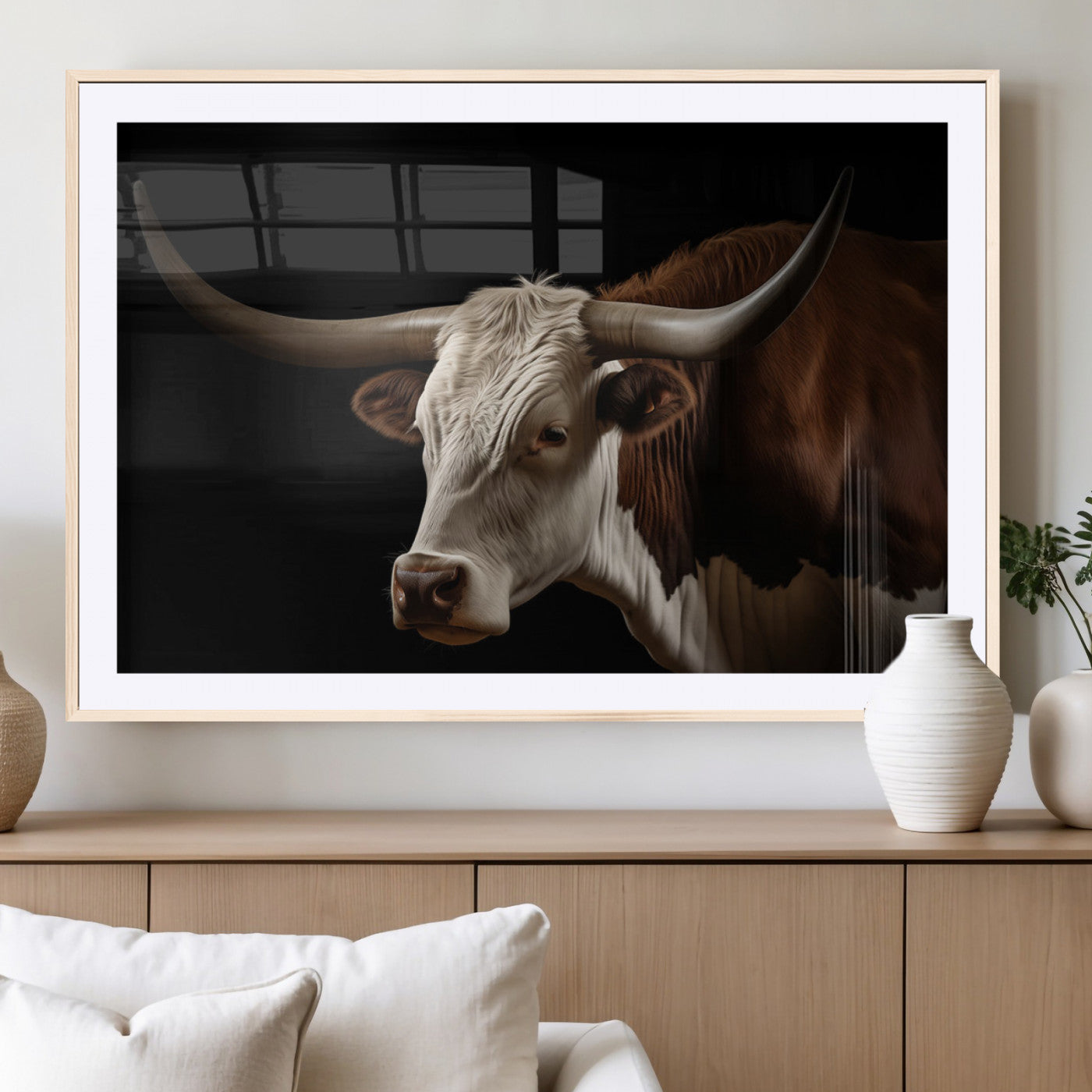 "Close-up of a brown and white longhorn cow with prominent curved horns against a black background."