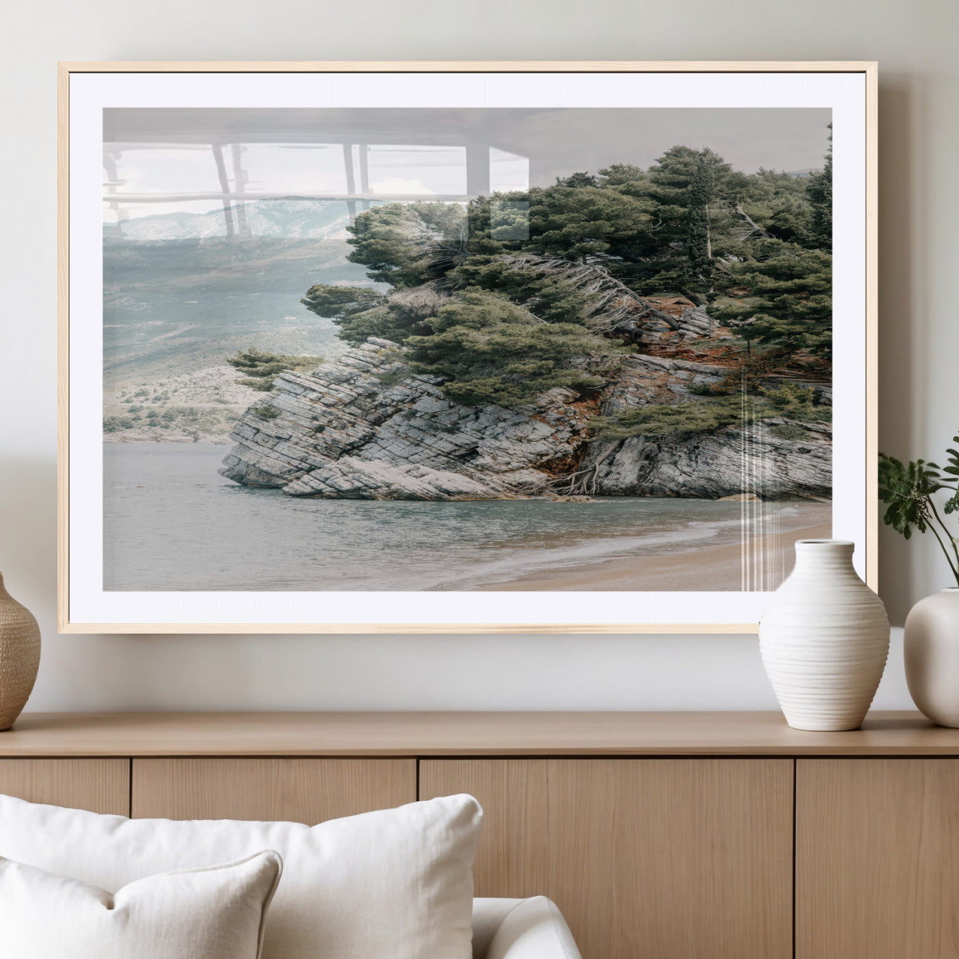 MGC-FP-36x24 - Coastal Rock Canvas Wall Art Print, Scenic Beach Landscape, Pine Trees on Rocky Cliff, Large Nature