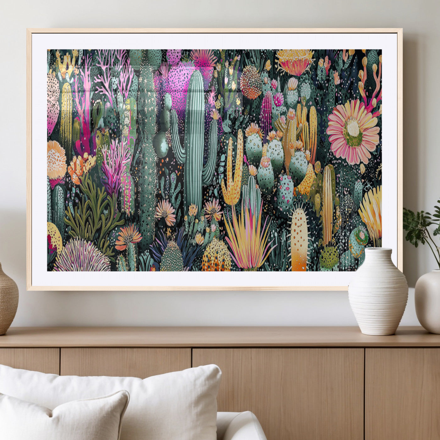 Colorful and detailed painting of various cacti and desert flowers in vibrant hues on a dark background – Wall Art Canvas Print.