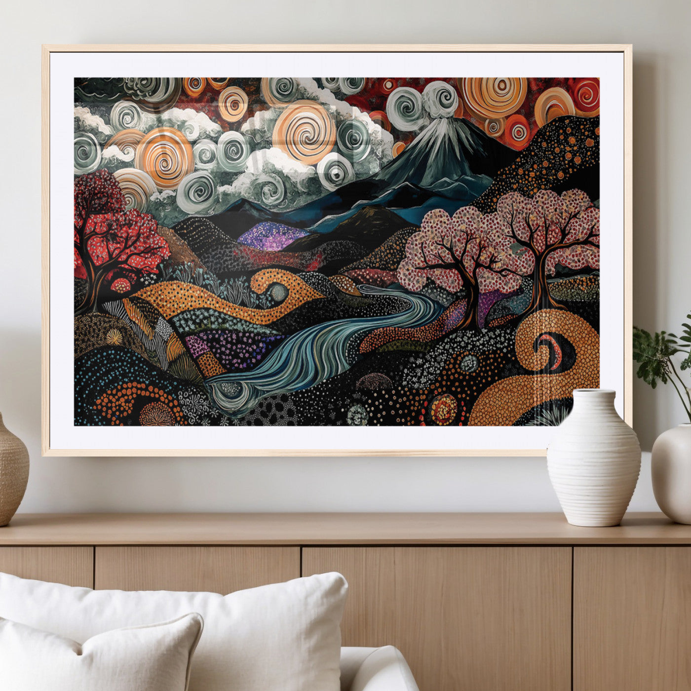 Vibrant abstract landscape painting featuring swirling clouds, colorful trees, flowing river, and textured hills under a mountain – Wall Art Canvas Print.