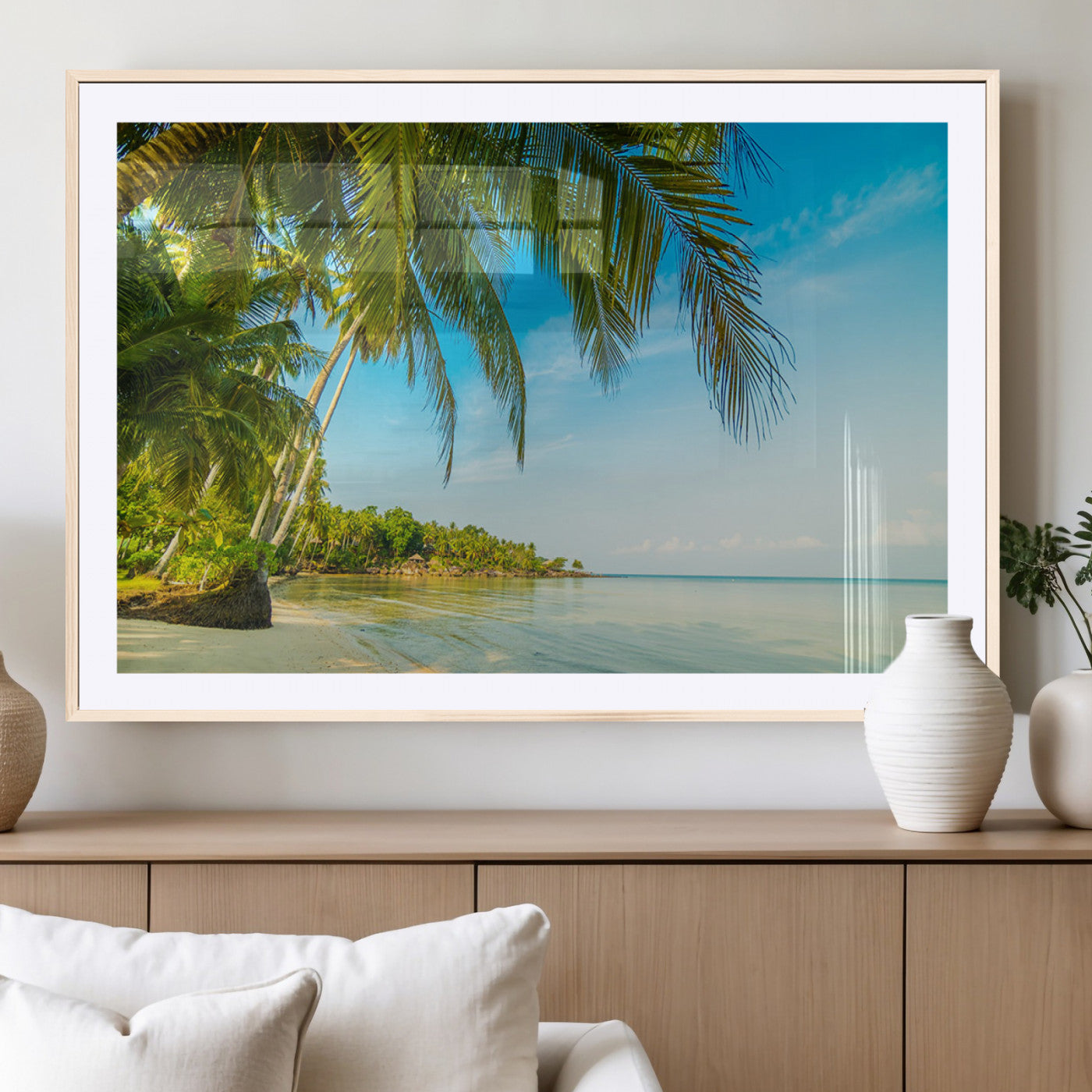 MGC-FP-36x24 - Peaceful Tropical Beach with Palm Trees and Calm Blue Sea – Serene Coastal Wall Art Canvas Print for