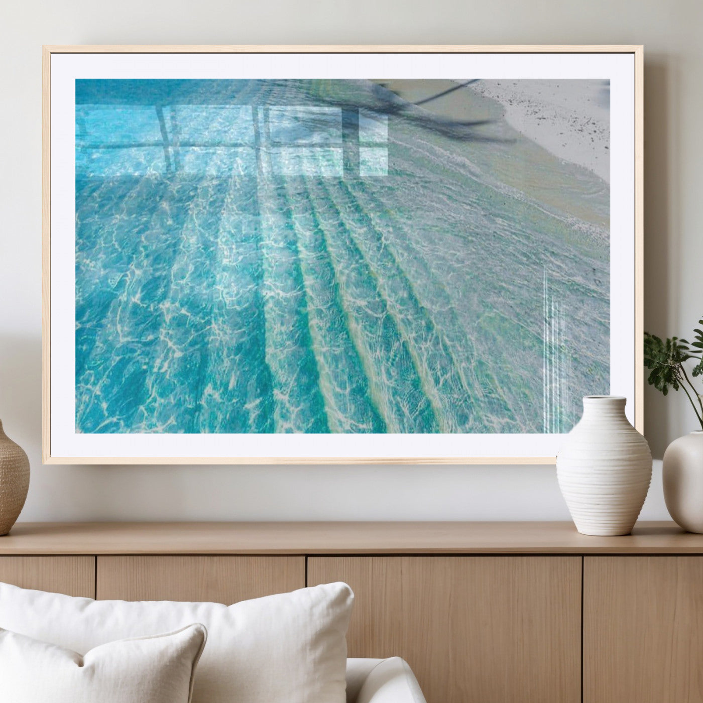 17528159-MGC-FP-40x30_Natural-Crystal Clear Shallow Ocean Water with Sunlight Reflections and Palm Tree Shadow on Sandy Beach – Beautiful Wall Art Canvas Print for Coastal Decor
