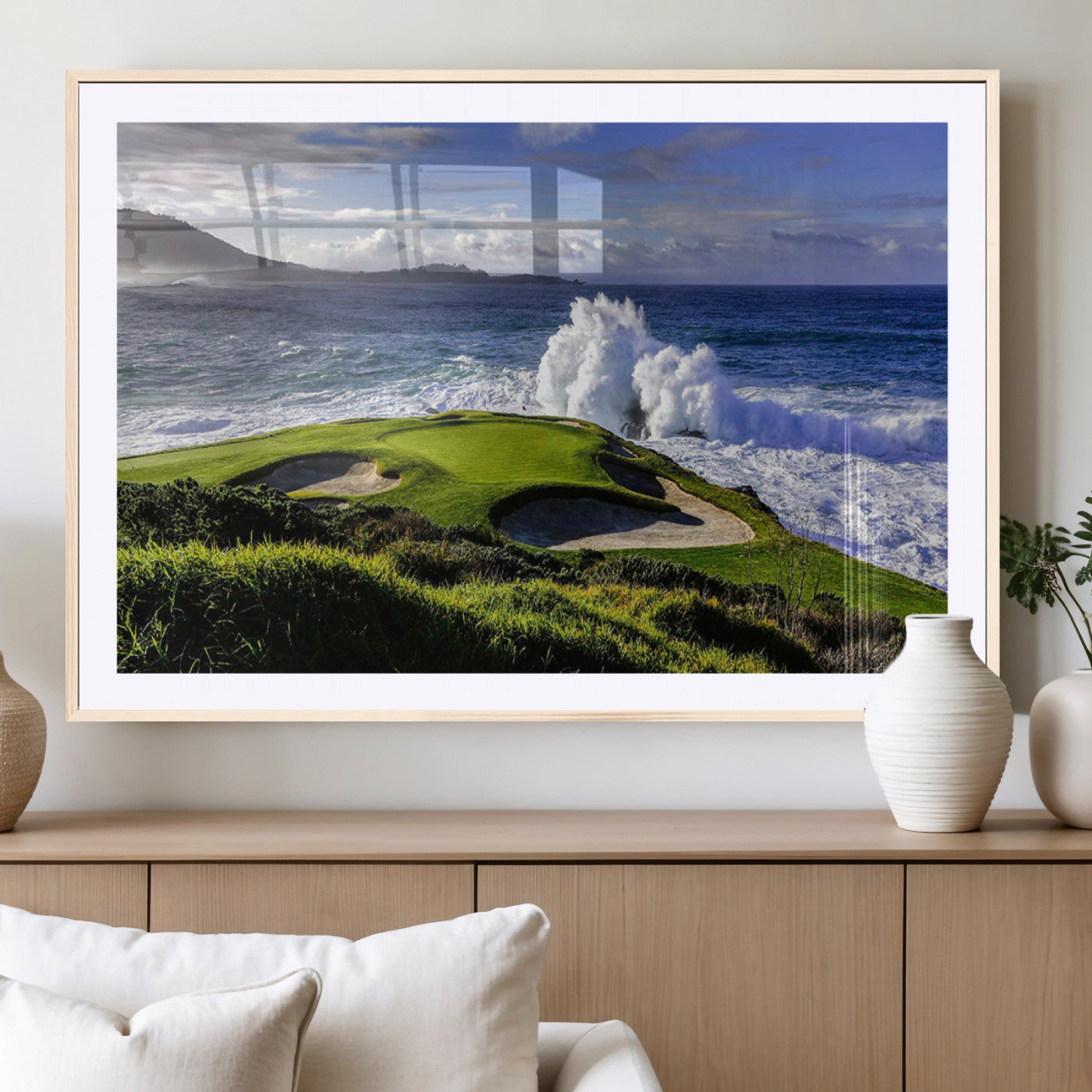 78508908-MGC-FP-40x30_Natural-Dramatic Ocean Waves Crashing Against Rocky Coastline Near a Green Golf Course – Stunning Wall Art Canvas Print for Nature and Sports Lovers