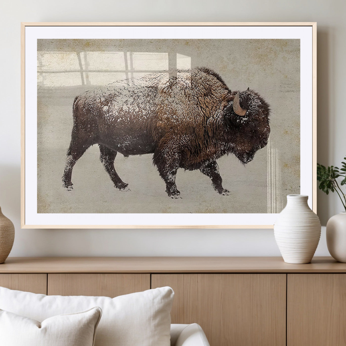 54810031-MGC-FP-40x30_Natural-Snow-dusted bison silhouette textured vintage style rugged wildlife art with neutral tones perfect for rustic home decor Wall Art Canvas Print design
