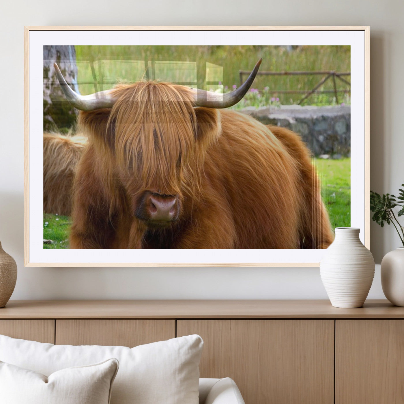 68411138-MGC-FP-40x30_Natural-Highland Cow Long Hair Rustic Farm Animal Horns Green Pasture Natural Beauty Outdoor Wall Art Canvas Print