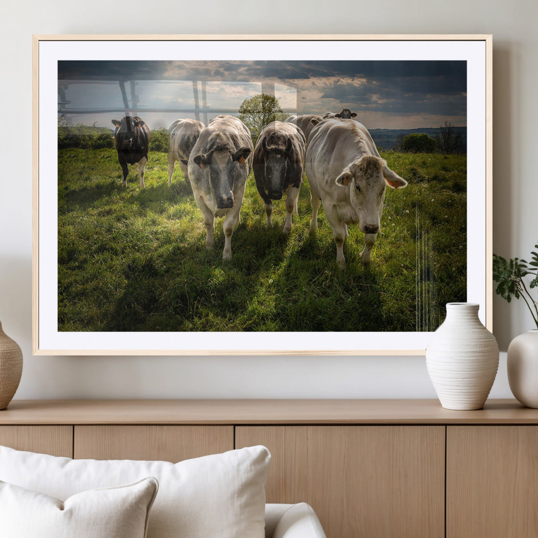 Grazing Cattle Herd Wall Art Canvas Print, Framed Green Pasture Farm Scene