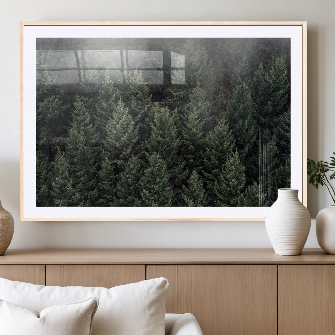 84059409-MGC-FP-40x30_Natural-Dense Evergreen Forest Misty Morning Fog Pine Trees Woodland Nature Landscape Calm Peaceful Scenic Wall Art Canvas Print
