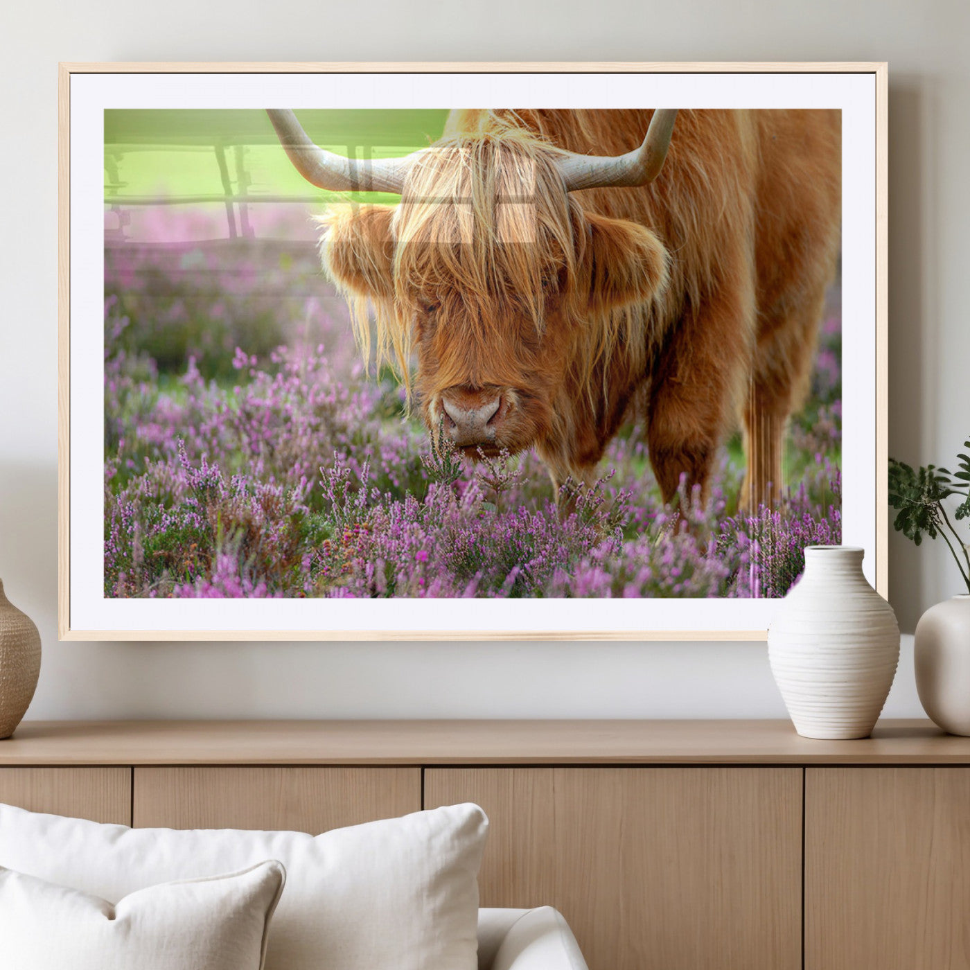64069351-MGC-FP-40x30_Natural-Highland Cow Purple Flowers Nature Pasture Scenic Wildlife Animal Grazing Meadow Calm Rustic Charm Outdoors Peace Wall Art Canvas Print