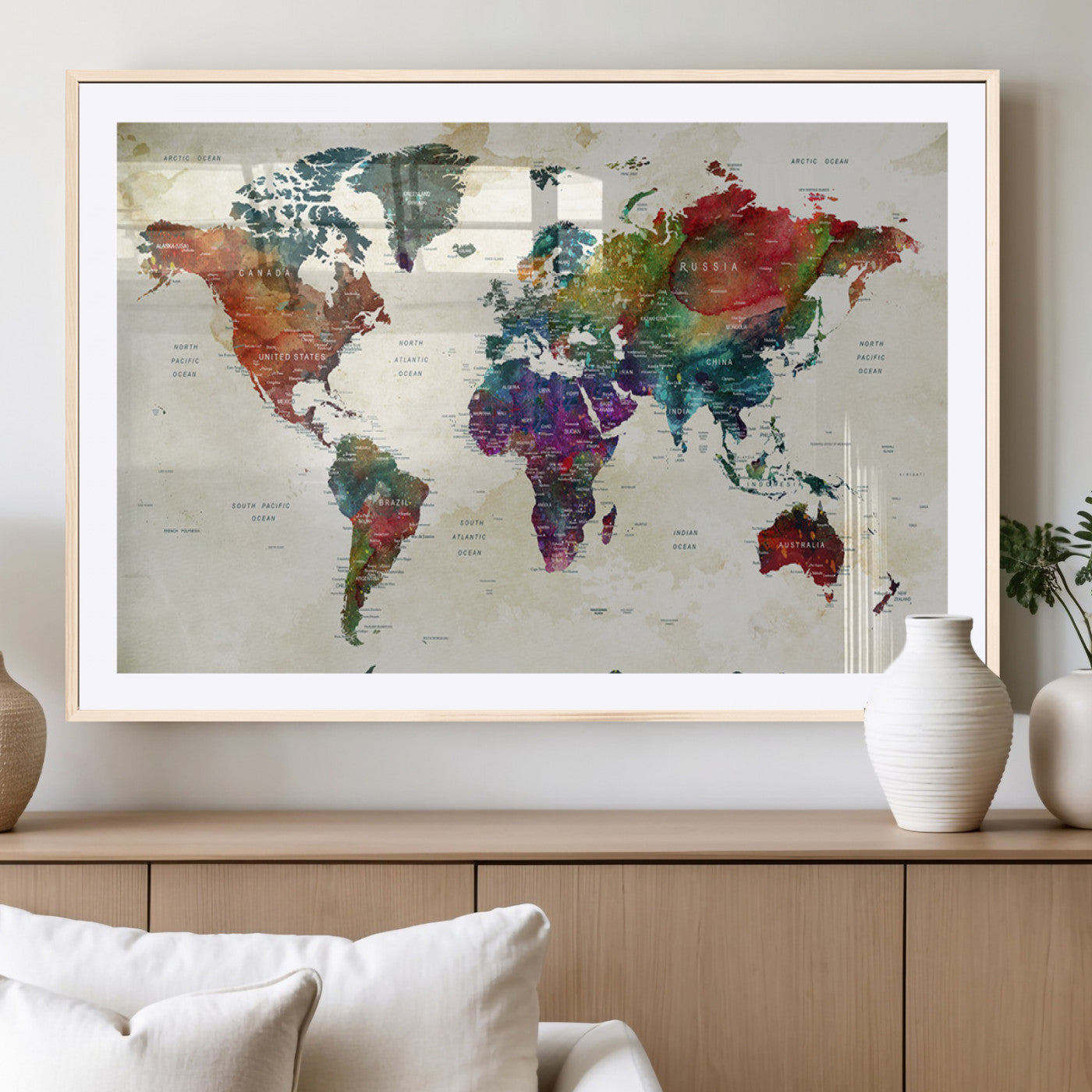 Colorful watercolor world map with countries labeled, featuring rich, vibrant hues across continents on a vintage beige background, Wall Art Canvas Print style.