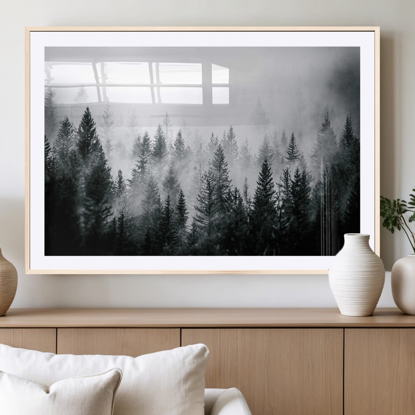 Horizontal black and white canvas wall art of foggy pine forest landscape for modern and rustic home decor