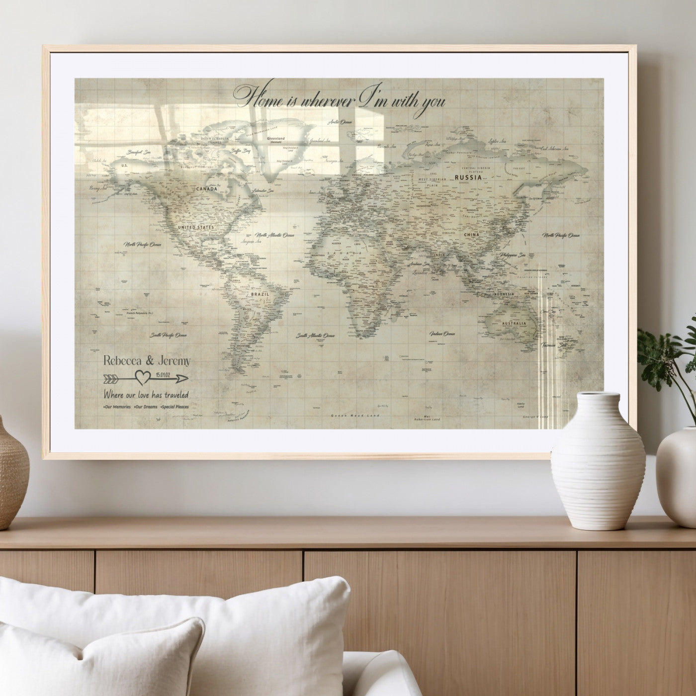 MGC-FP-36x24 - Personalized World Map Wall Art Canvas Print – Custom Push Pin Travel Map for Couples, Families, or Office Décor