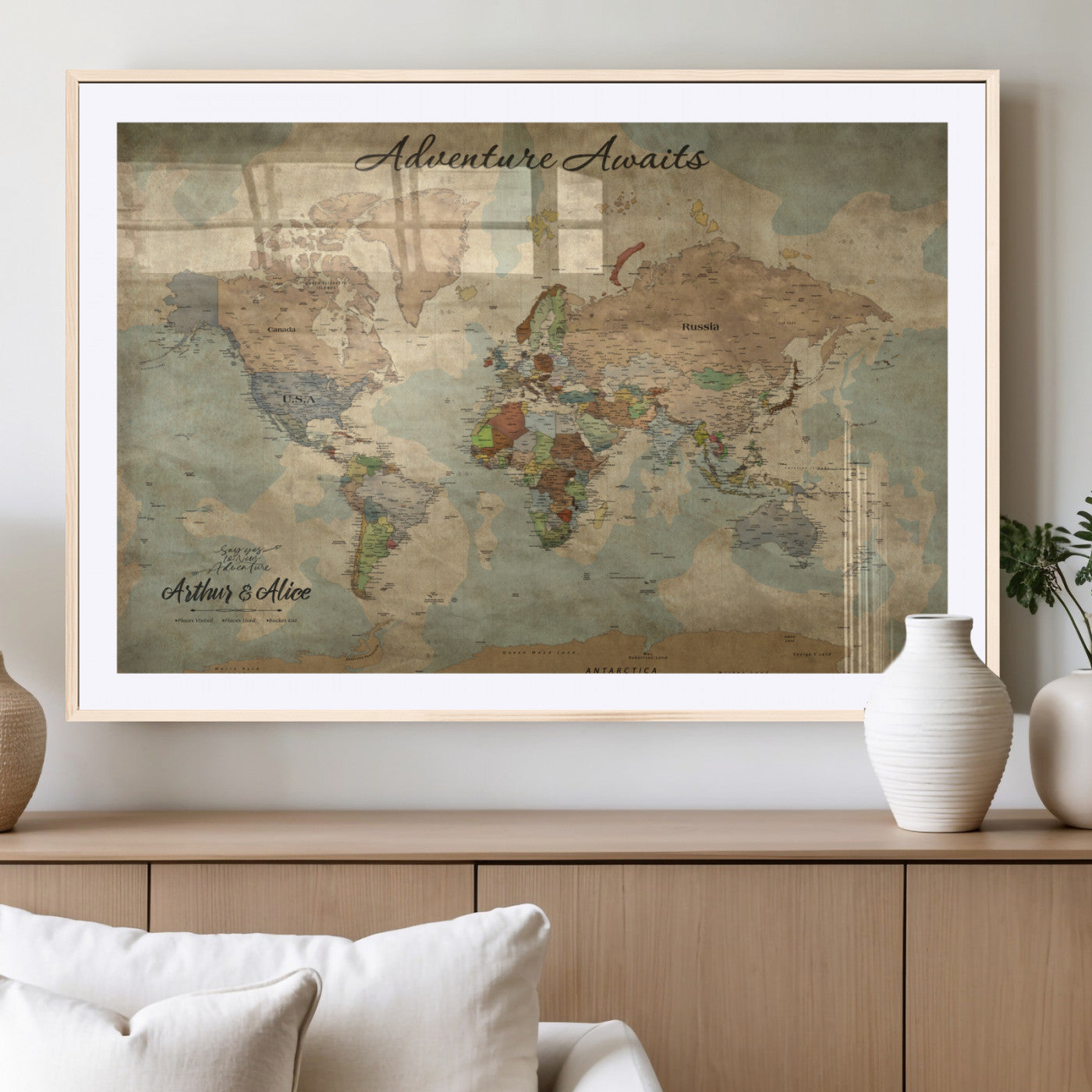 MGC-FP-36x24 - Personalized World Map Wall Art Canvas Print – Custom Push Pin Travel Map for Couples, Families, or Office Décor