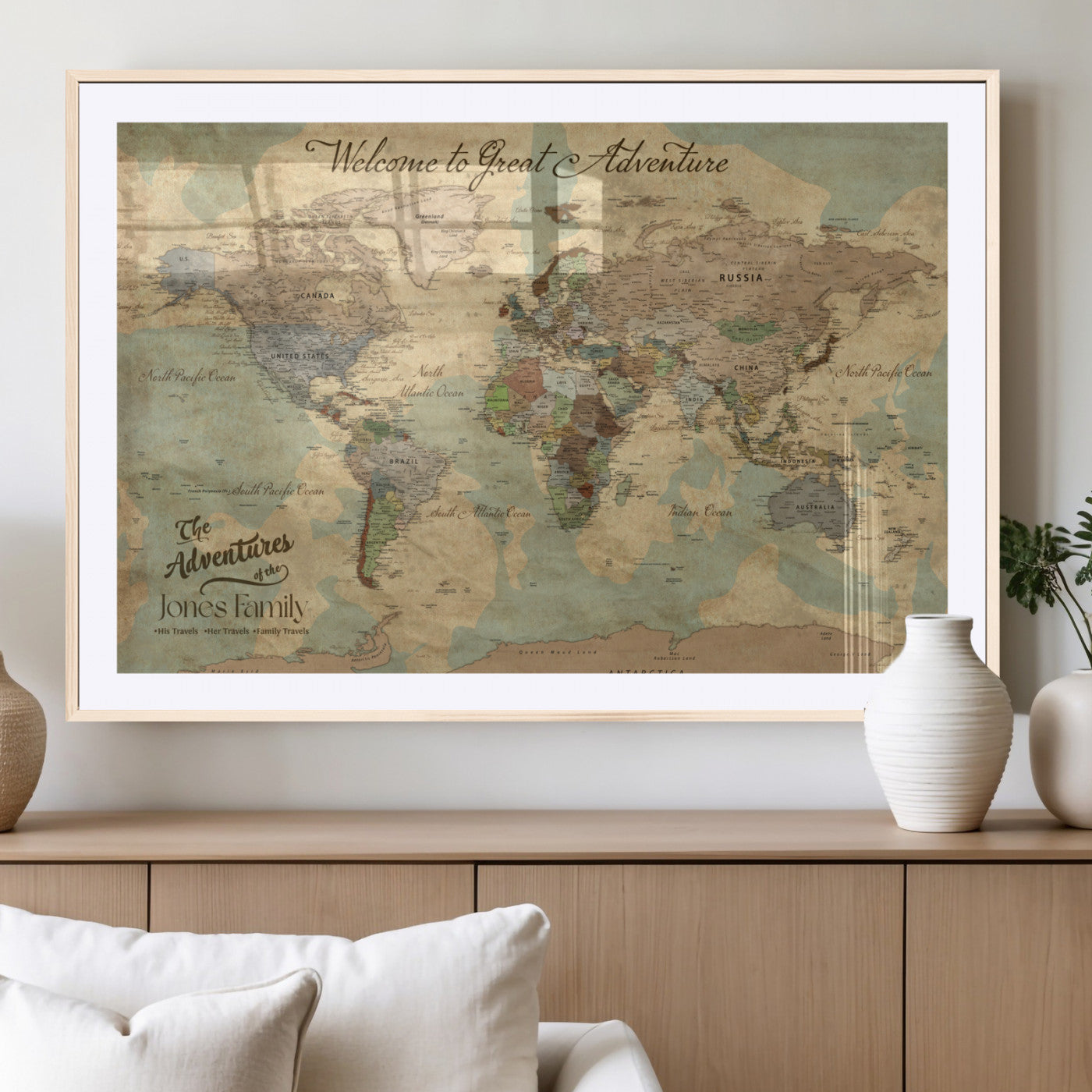 MGC-FP-36x24 - Personalized World Map Wall Art Canvas Print – Custom Push Pin Travel Map for Couples, Families, or Office Décor