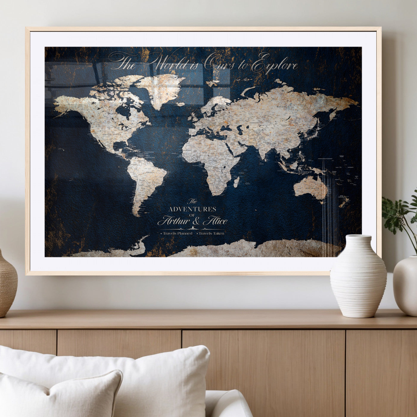 MGC-FP-36x24 - Personalized World Map Wall Art Canvas Print – Custom Push Pin Travel Map for Couples, Families, or Office Décor