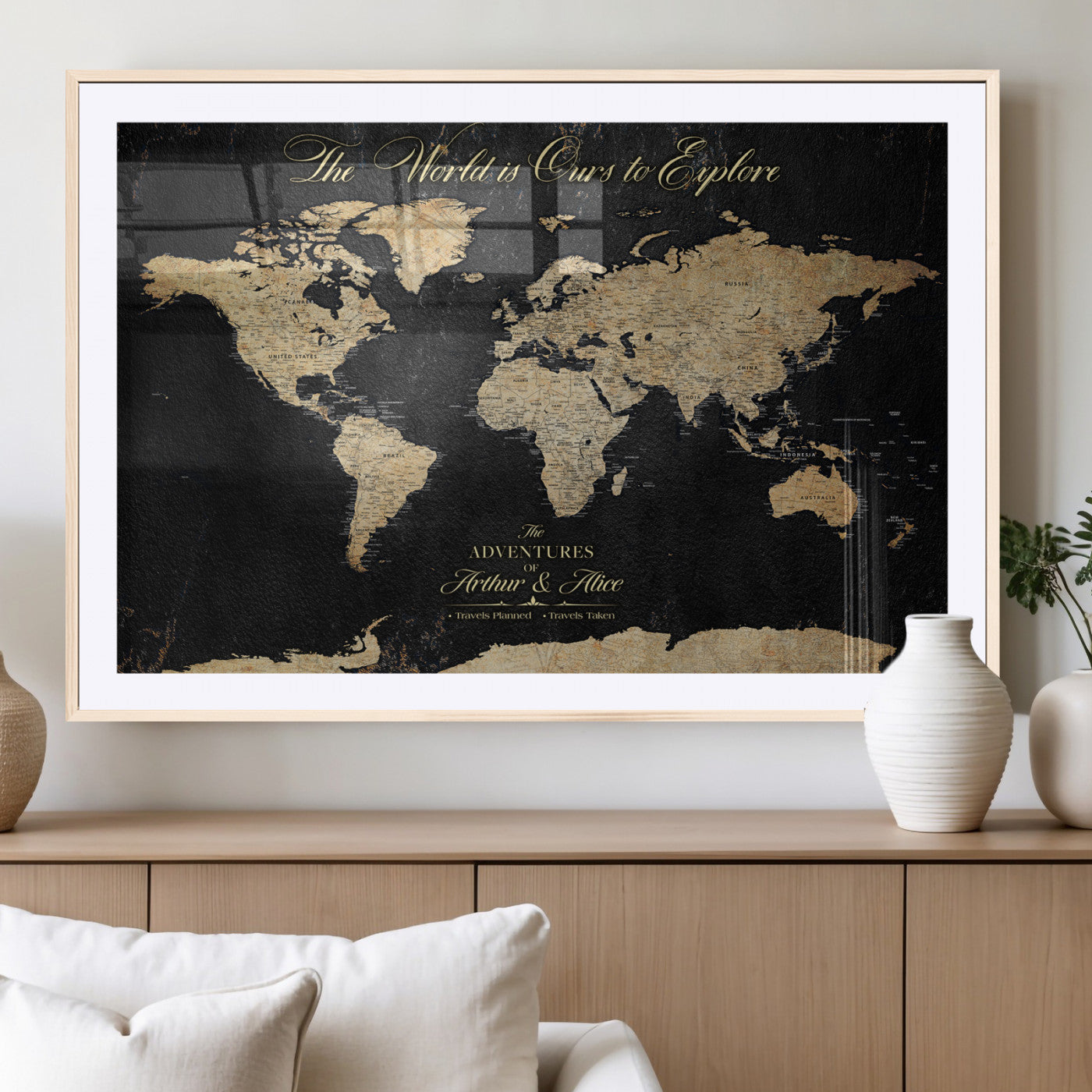 MGC-FP-36x24 - Personalized World Map Wall Art Canvas Print – Custom Push Pin Travel Map for Couples, Families, or Office Décor