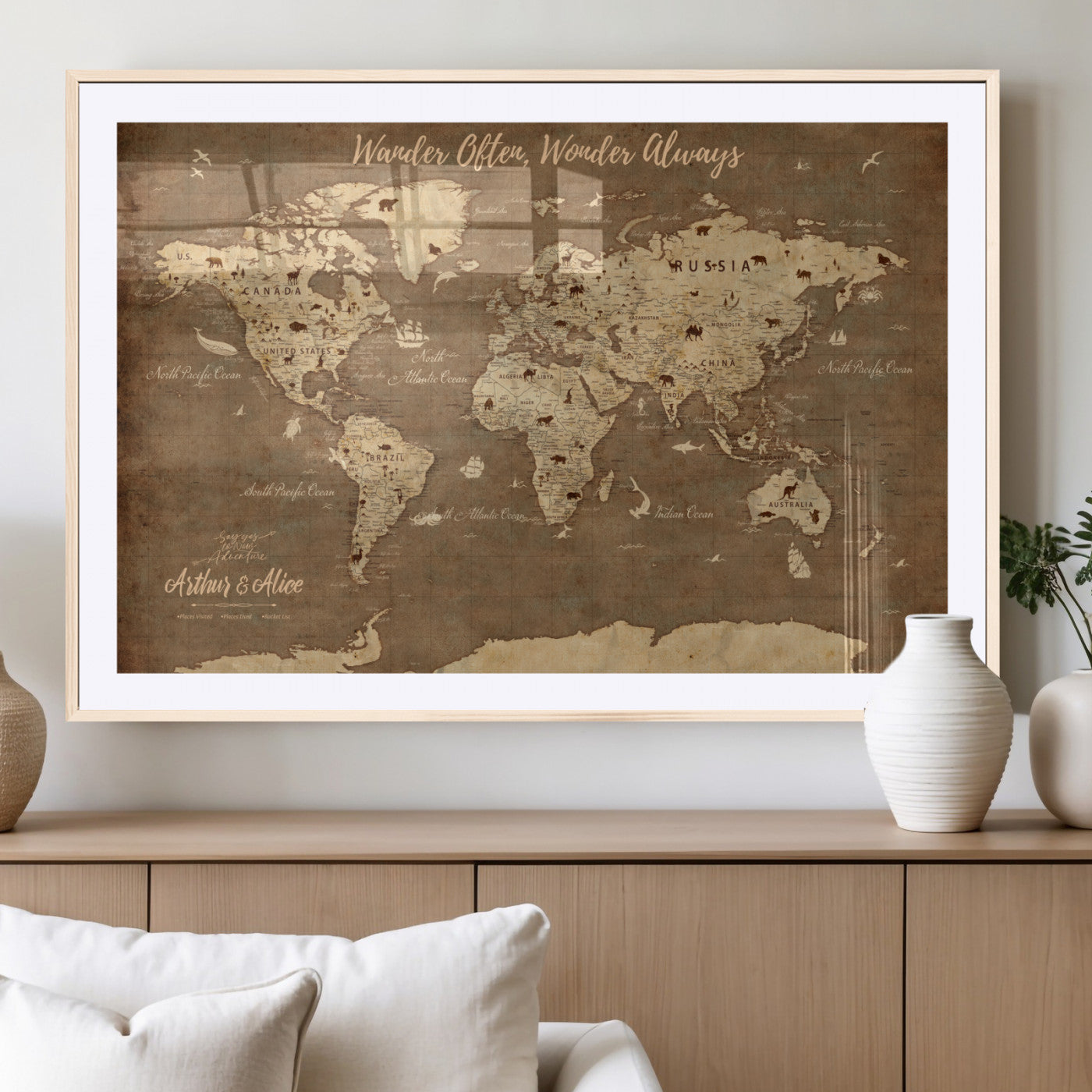MGC-FP-36x24 - Personalized World Map Wall Art Canvas Print – Custom Push Pin Travel Map for Couples, Families, or Office Décor