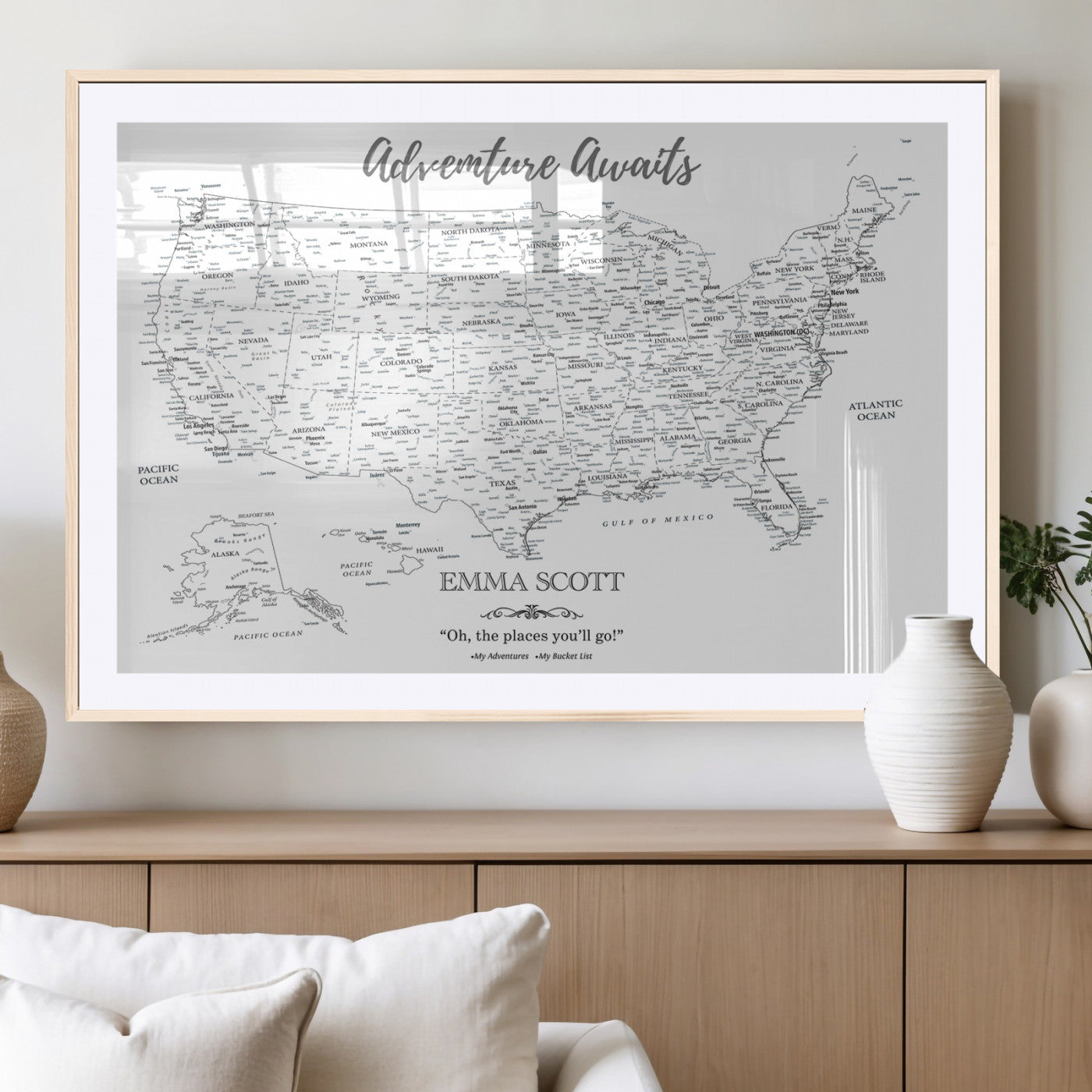 MGC-FP-36x24 - Personalized US Map Wall Art Canvas Print – Custom Push Pin Travel United States US Map for Couples, Families, or Office Décor
