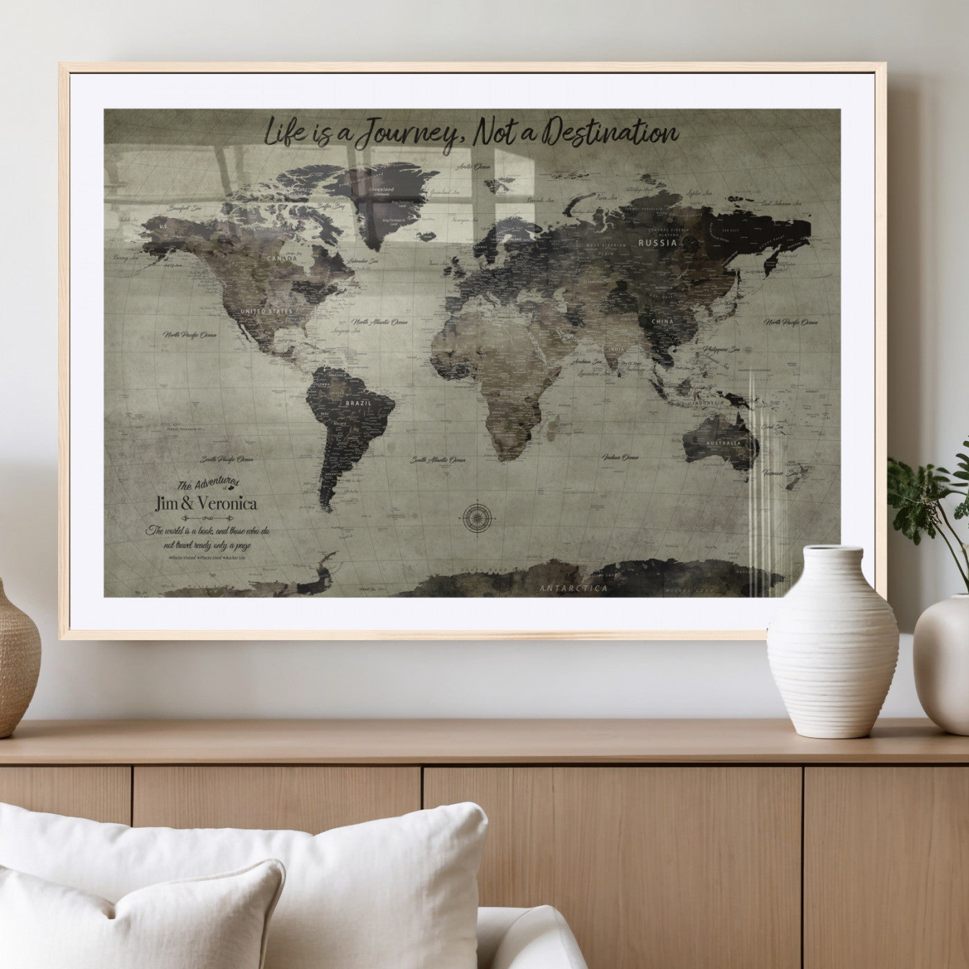 MGC-FP-36x24 - Personalized World Map Wall Art Canvas Print – Custom Push Pin Travel Map for Couples, Families, or Office Décor