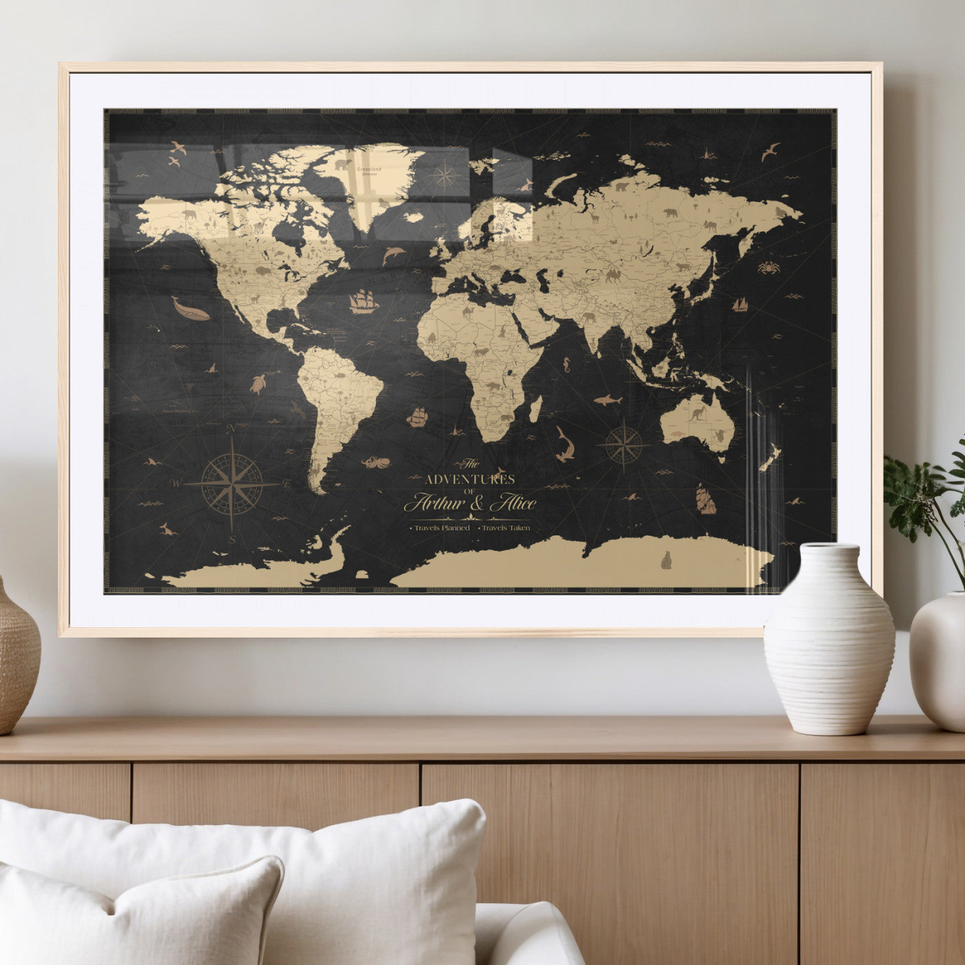 MGC-FP-36x24 - Personalized World Map Wall Art Canvas Print – Custom Push Pin Travel Map for Couples, Families, or Office Décor