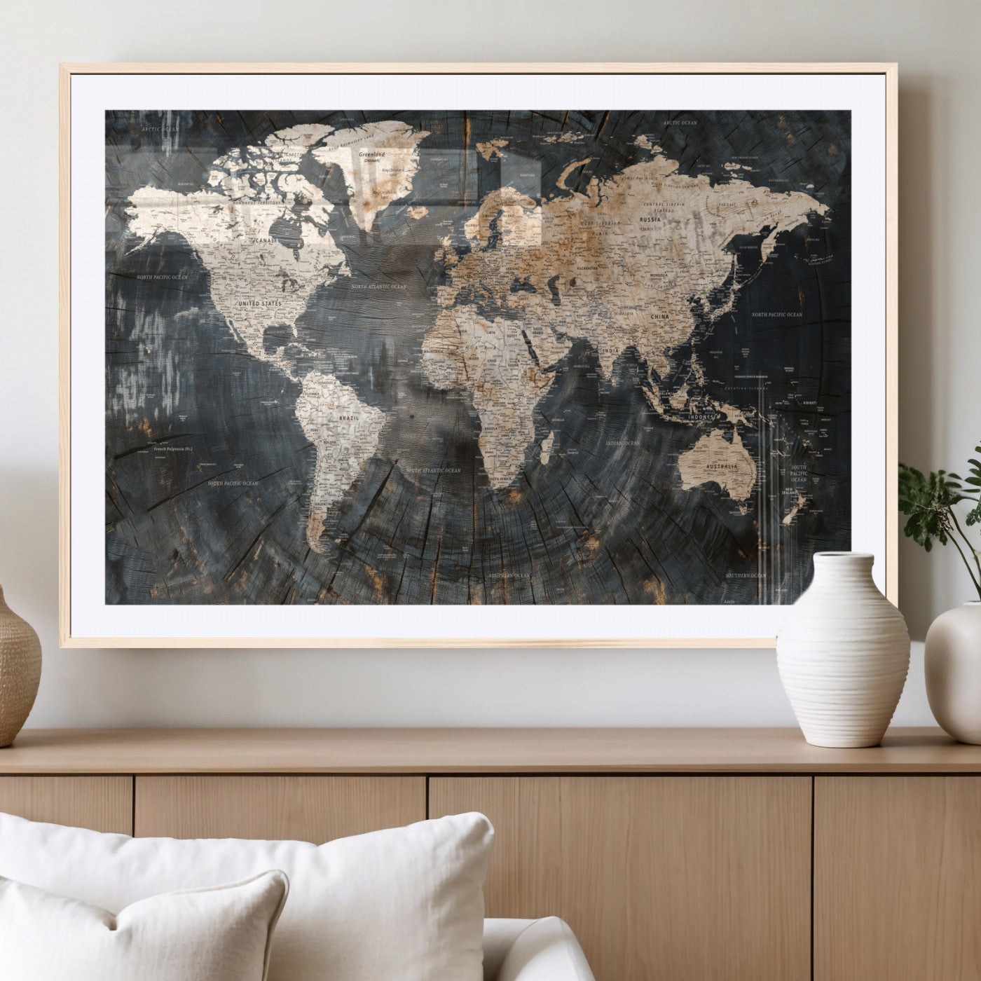 57626704-MGC-FP-36x24 - World Map Wall Art Canvas Print, Modern Decorative Framed Map Artwork Prints for Living Room, Office, Bedroom Wall Decor
