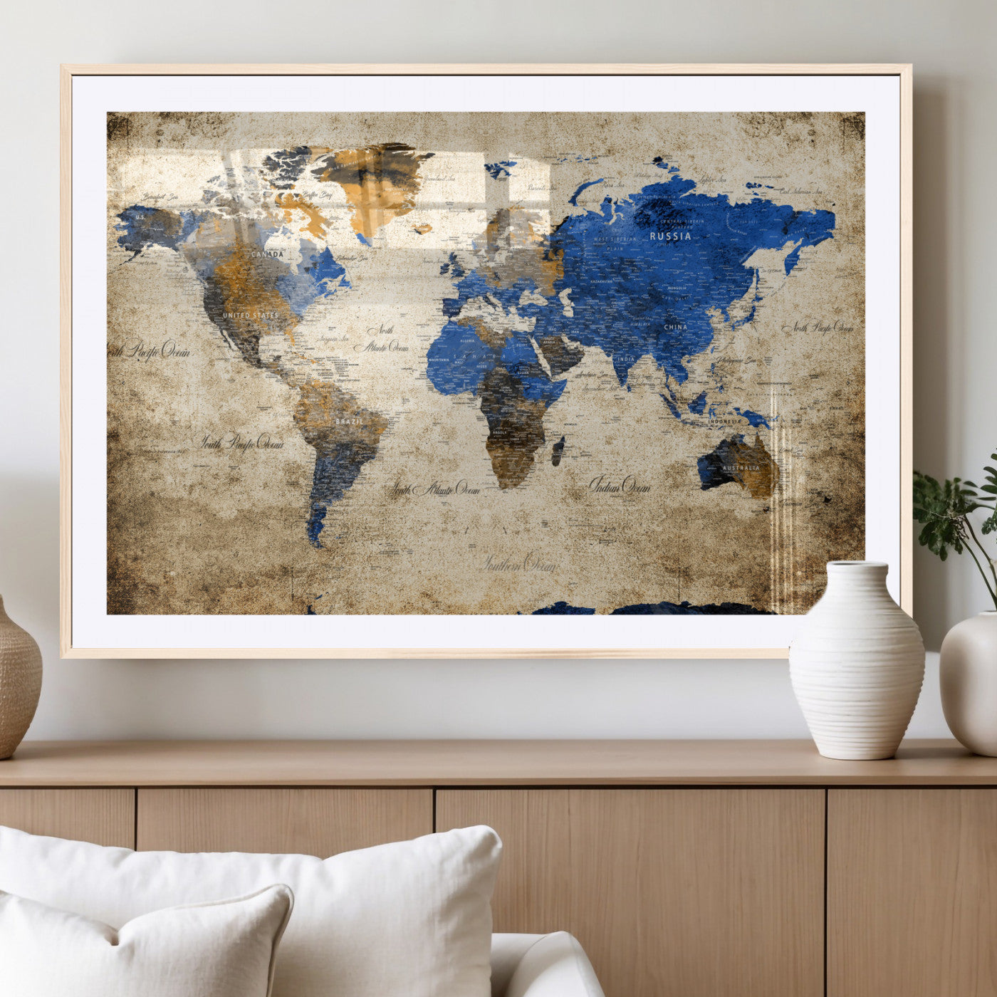 13564339-MGC-FP-36x24 - World Map Wall Art Canvas Print, Modern Decorative Framed Map Artwork Prints for Living Room, Office, Bedroom Wall Decor