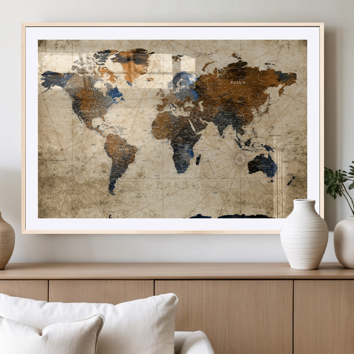 56297284-MGC-FP-36x24 - World Map Wall Art Canvas Print, Modern Decorative Framed Map Artwork Prints for Living Room, Office, Bedroom Wall Decor