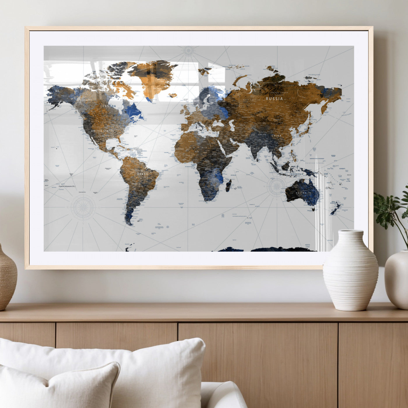 40862517-MGC-FP-36x24 - World Map Wall Art Canvas Print, Modern Decorative Framed Map Artwork Prints for Living Room, Office, Bedroom Wall Decor