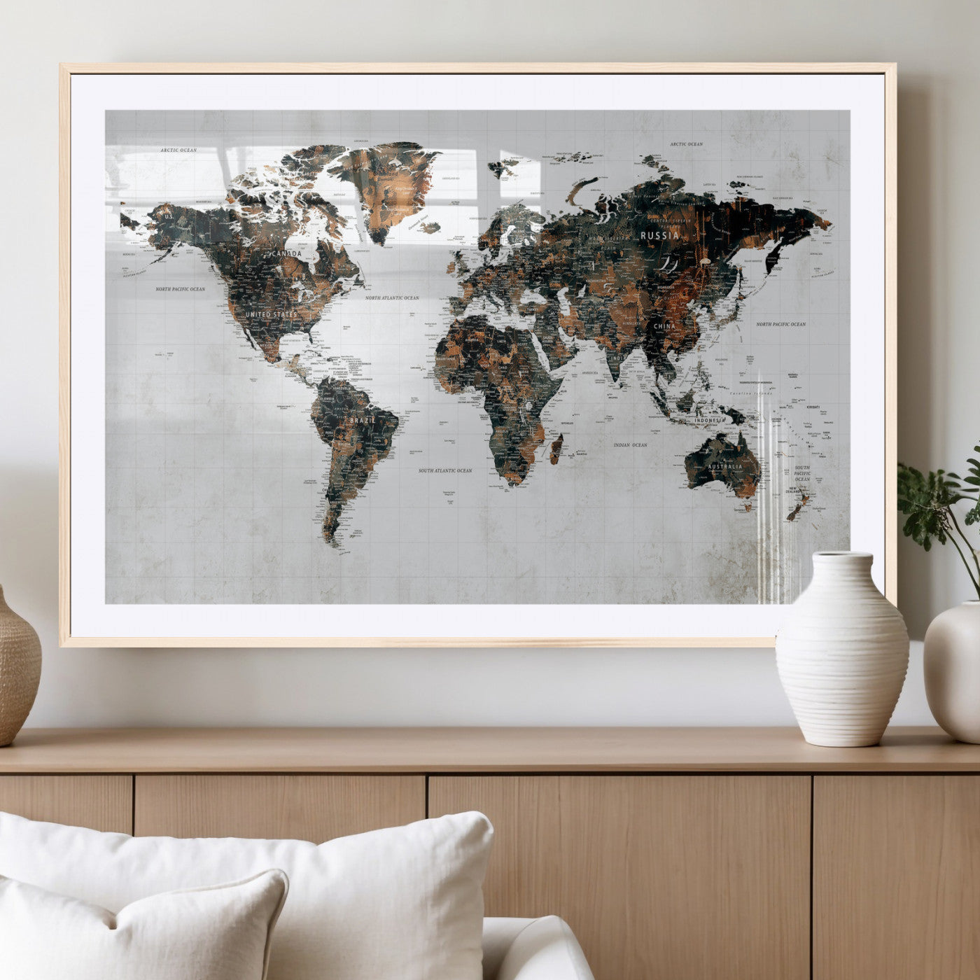 60008766-MGV-CV-36X24 - World Map Wall Art Canvas Print, Modern Decorative Framed Map Artwork Prints for Living Room, Office, Bedroom Wall Decor