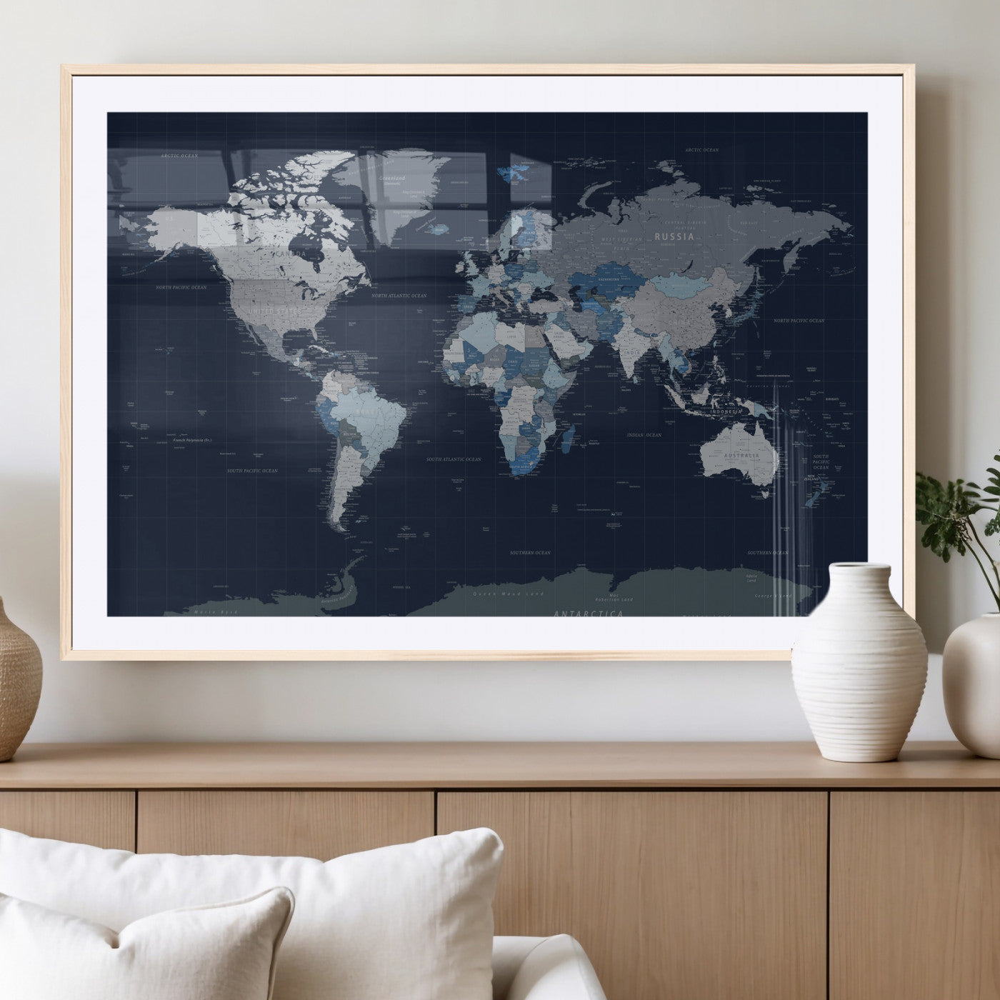 17712680-MGV-CV-36X24 - World Map Wall Art Canvas Print, Modern Decorative Framed Map Artwork Prints for Living Room, Office, Bedroom Wall Decor